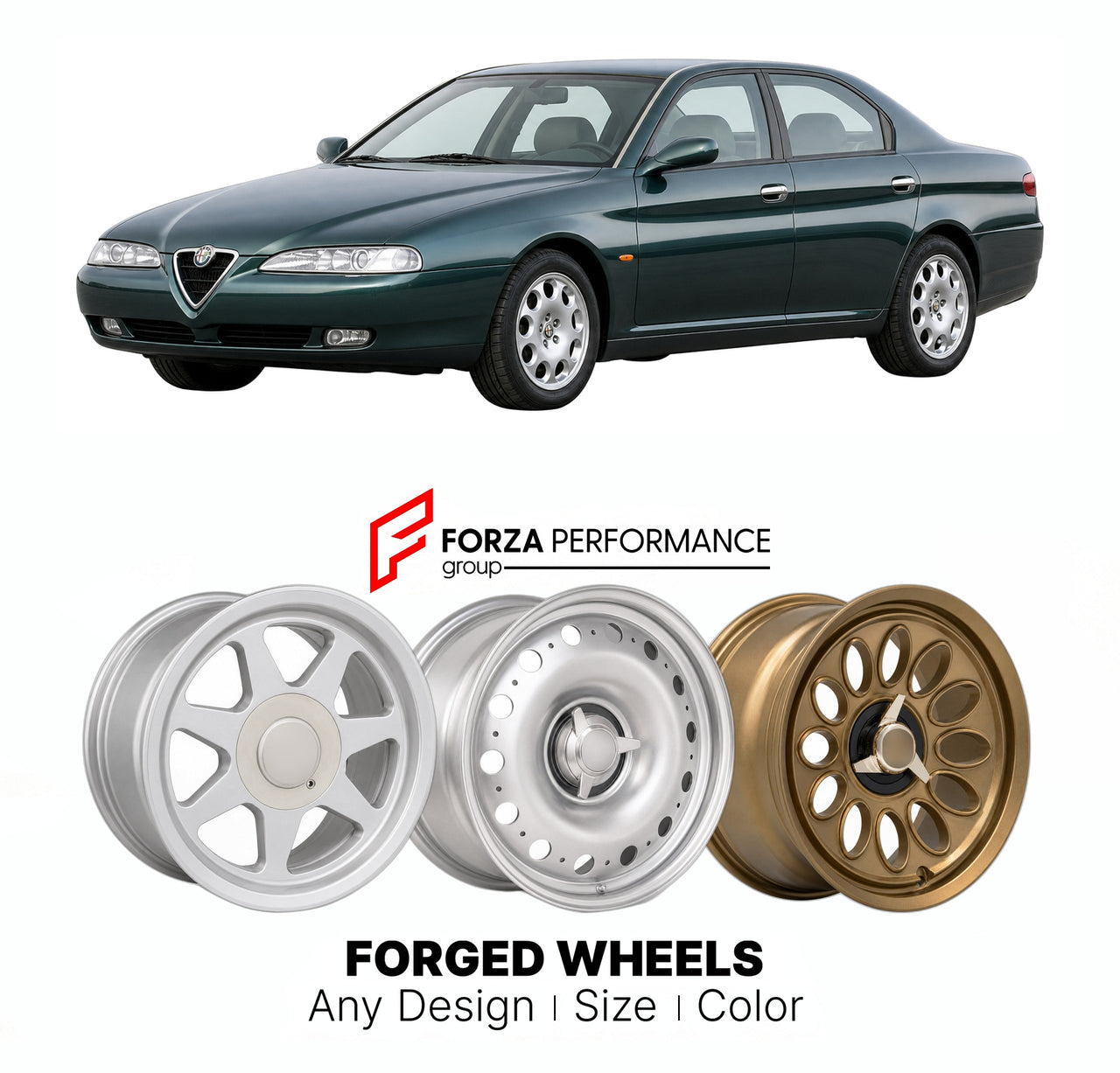 CUSTOM CLASSIC VINTAGE RESTOMOD RETRO OLD SCHOOL FORGED WHEELS RIMS for ALFA ROMEO 166 TIPO 936 1998 - 2007

Custom forged wheels for Alfa Romeo 166 Tipo 936 1998 - 2007. Classic, vintage, restomod wheel designs made to order in custom sizes, offsets, colors and finishes.

We manufacture premium quality forged wheels rims for Alfa Romeo 166 Tipo 936 1998 - 2007 in any design, size, color.

THIS WHEEL DESIGN CAN BE CUSTOM-MADE FOR YOUR CAR IN ANY SIZE AND COLOR OPTIONS
Available in monoblock, 2-piece, 3-piec
