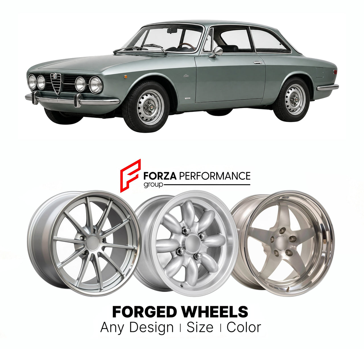 CUSTOM CLASSIC VINTAGE RESTOMOD RETRO OLD SCHOOL FORGED WHEELS RIMS for ALFA ROMEO 1750 2000 GTV 1967 - 1976

Custom forged wheels for Alfa Romeo 1750 2000 GTV 1967 - 1976. Classic, vintage, restomod wheel designs made to order in custom sizes, offsets, colors and finishes.

We manufacture premium quality forged wheels rims for Alfa Romeo 1750 2000 GTV 1967 - 1976 in any design, size, color.

THIS WHEEL DESIGN CAN BE CUSTOM-MADE FOR YOUR CAR IN ANY SIZE AND COLOR OPTIONS
Available in monoblock, 2-piece, 3-p