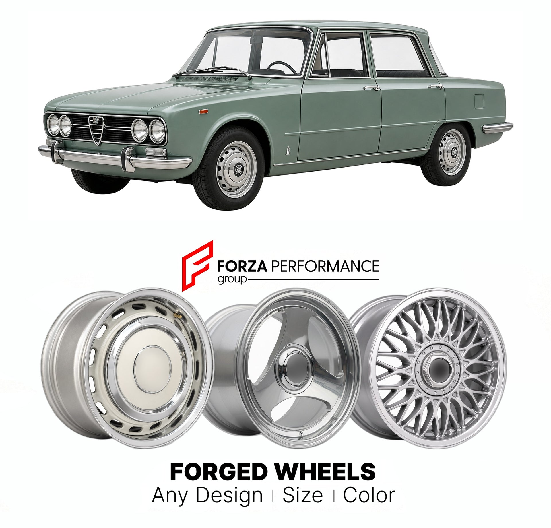 CUSTOM CLASSIC VINTAGE RESTOMOD RETRO OLD SCHOOL FORGED WHEELS RIMS for ALFA ROMEO 1750 BERLINA 1968 - 1971

Custom forged wheels for Alfa Romeo 1750 Berlina 1968 - 1971. Classic, vintage, restomod wheel designs made to order in custom sizes, offsets, colors and finishes.

We manufacture premium quality forged wheels rims for Alfa Romeo 1750 Berlina 1968 - 1971 in any design, size, color.

THIS WHEEL DESIGN CAN BE CUSTOM-MADE FOR YOUR CAR IN ANY SIZE AND COLOR OPTIONS
Available in monoblock, 2-piece, 3-piec