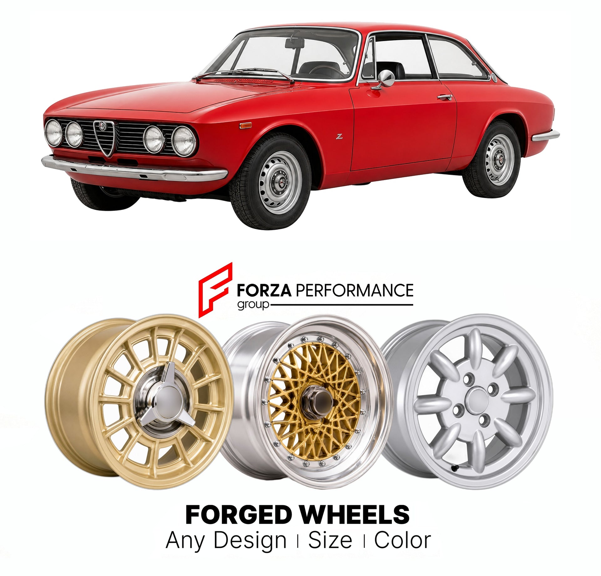 CUSTOM CLASSIC VINTAGE RESTOMOD RETRO OLD SCHOOL FORGED WHEELS RIMS for ALFA ROMEO 1750 GTV 105 SERIES 1967 - 1972

Custom forged wheels for Alfa Romeo 1750 GTV 105 Series 1967 - 1972. Classic, vintage, restomod wheel designs made to order in custom sizes, offsets, colors and finishes.

We manufacture premium quality forged wheels rims for Alfa Romeo 1750 GTV 105 Series 1967 - 1972 in any design, size, color.

THIS WHEEL DESIGN CAN BE CUSTOM-MADE FOR YOUR CAR IN ANY SIZE AND COLOR OPTIONS
Available in monob