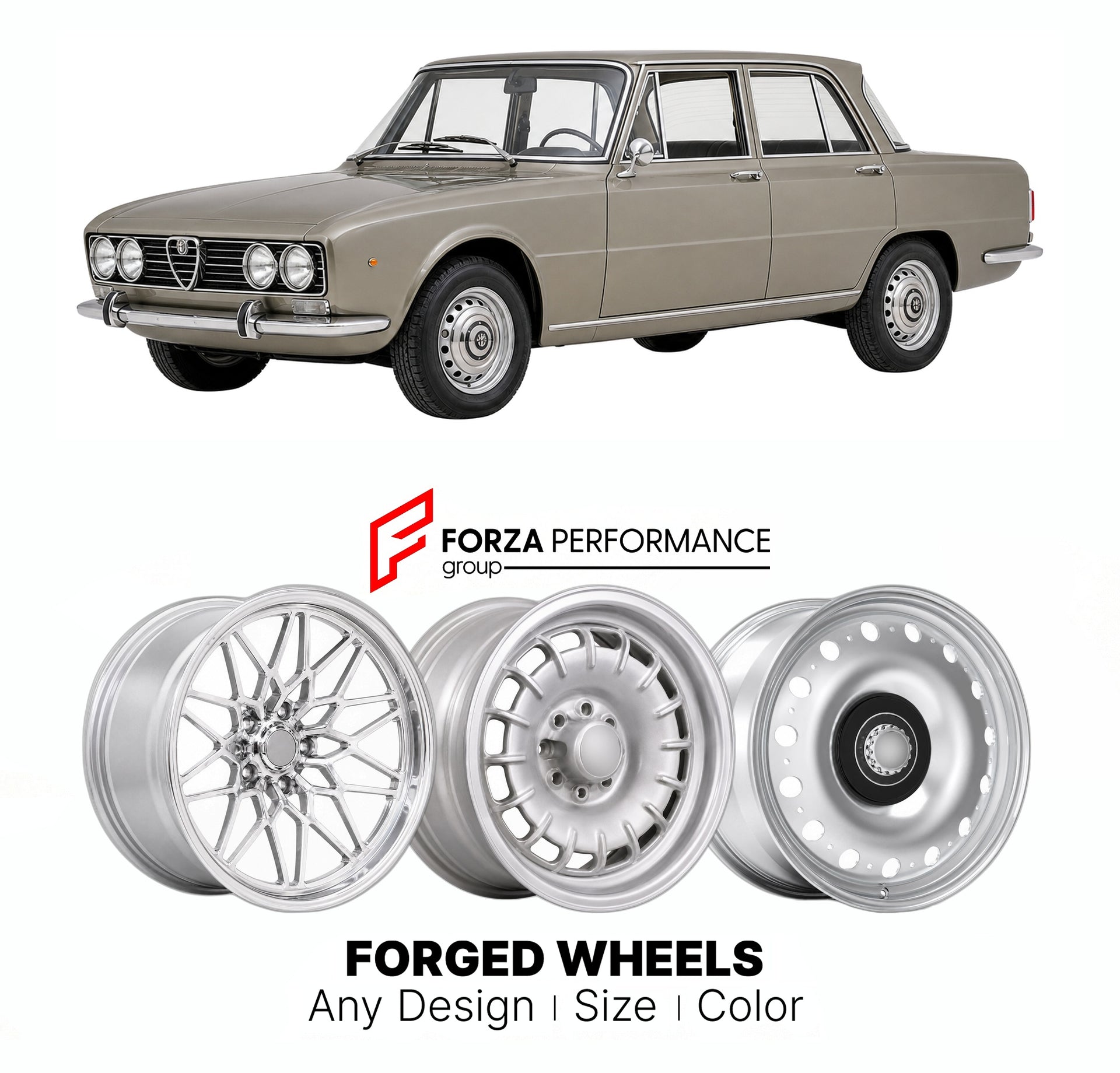 CUSTOM CLASSIC VINTAGE RESTOMOD RETRO OLD SCHOOL FORGED WHEELS RIMS for ALFA ROMEO 2000 BERLINA 1971 - 1977

Custom forged wheels for Alfa Romeo 2000 Berlina 1971 - 1977. Classic, vintage, restomod wheel designs made to order in custom sizes, offsets, colors and finishes.

We manufacture premium quality forged wheels rims for Alfa Romeo 2000 Berlina 1971 - 1977 in any design, size, color.

THIS WHEEL DESIGN CAN BE CUSTOM-MADE FOR YOUR CAR IN ANY SIZE AND COLOR OPTIONS
Available in monoblock, 2-piece, 3-piec