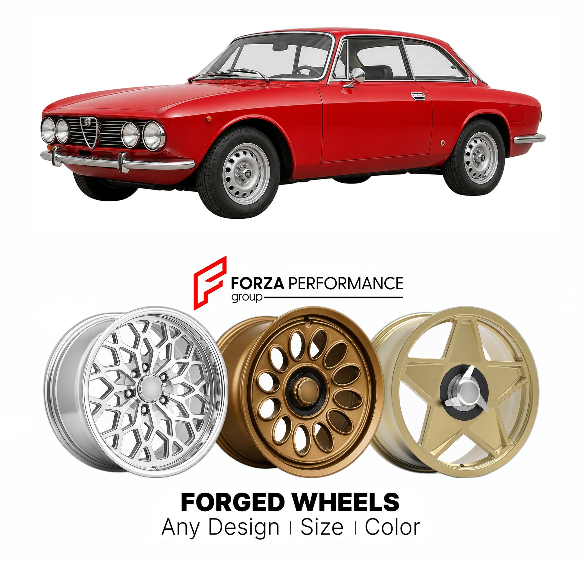 CUSTOM CLASSIC VINTAGE RESTOMOD RETRO OLD SCHOOL FORGED WHEELS RIMS for ALFA ROMEO 2000 GTV 105 115 SERIES 1971 - 1976

Custom forged wheels for Alfa Romeo 2000 GTV 105 115 Series 1971 - 1976. Classic, vintage, restomod wheel designs made to order in custom sizes, offsets, colors and finishes.

We manufacture premium quality forged wheels rims for Alfa Romeo 2000 GTV 105 115 Series 1971 - 1976 in any design, size, color.

THIS WHEEL DESIGN CAN BE CUSTOM-MADE FOR YOUR CAR IN ANY SIZE AND COLOR OPTIONS
Availa