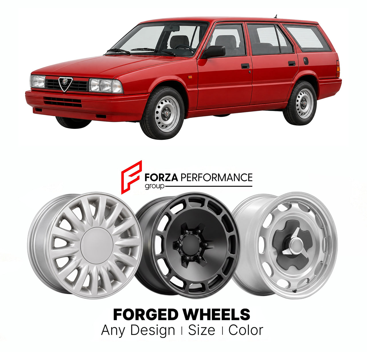 CUSTOM CLASSIC VINTAGE RESTOMOD RETRO OLD SCHOOL FORGED WHEELS RIMS for ALFA ROMEO 33 SPORTWAGON 1984 - 1995

Custom forged wheels for Alfa Romeo 33 Sportwagon 1984 - 1995. Classic, vintage, restomod wheel designs made to order in custom sizes, offsets, colors and finishes.

We manufacture premium quality forged wheels rims for Alfa Romeo 33 Sportwagon 1984 - 1995 in any design, size, color.

THIS WHEEL DESIGN CAN BE CUSTOM-MADE FOR YOUR CAR IN ANY SIZE AND COLOR OPTIONS
Available in monoblock, 2-piece, 3-p