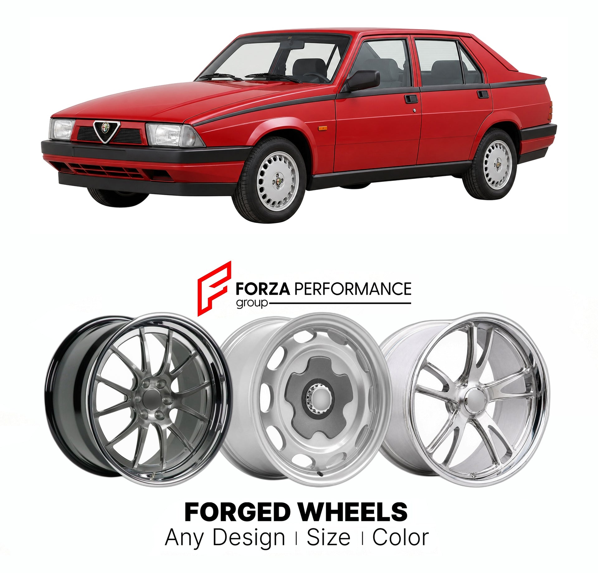 CUSTOM CLASSIC VINTAGE RESTOMOD RETRO OLD SCHOOL FORGED WHEELS RIMS for ALFA ROMEO 75 MILANO 1985 - 1992

Custom forged wheels for Alfa Romeo 75 Milano 1985 - 1992. Classic, vintage, restomod wheel designs made to order in custom sizes, offsets, colors and finishes.

We manufacture premium quality forged wheels rims for Alfa Romeo 75 Milano 1985 - 1992 in any design, size, color.

THIS WHEEL DESIGN CAN BE CUSTOM-MADE FOR YOUR CAR IN ANY SIZE AND COLOR OPTIONS
Available in monoblock, 2-piece, 3-piece, duoblo