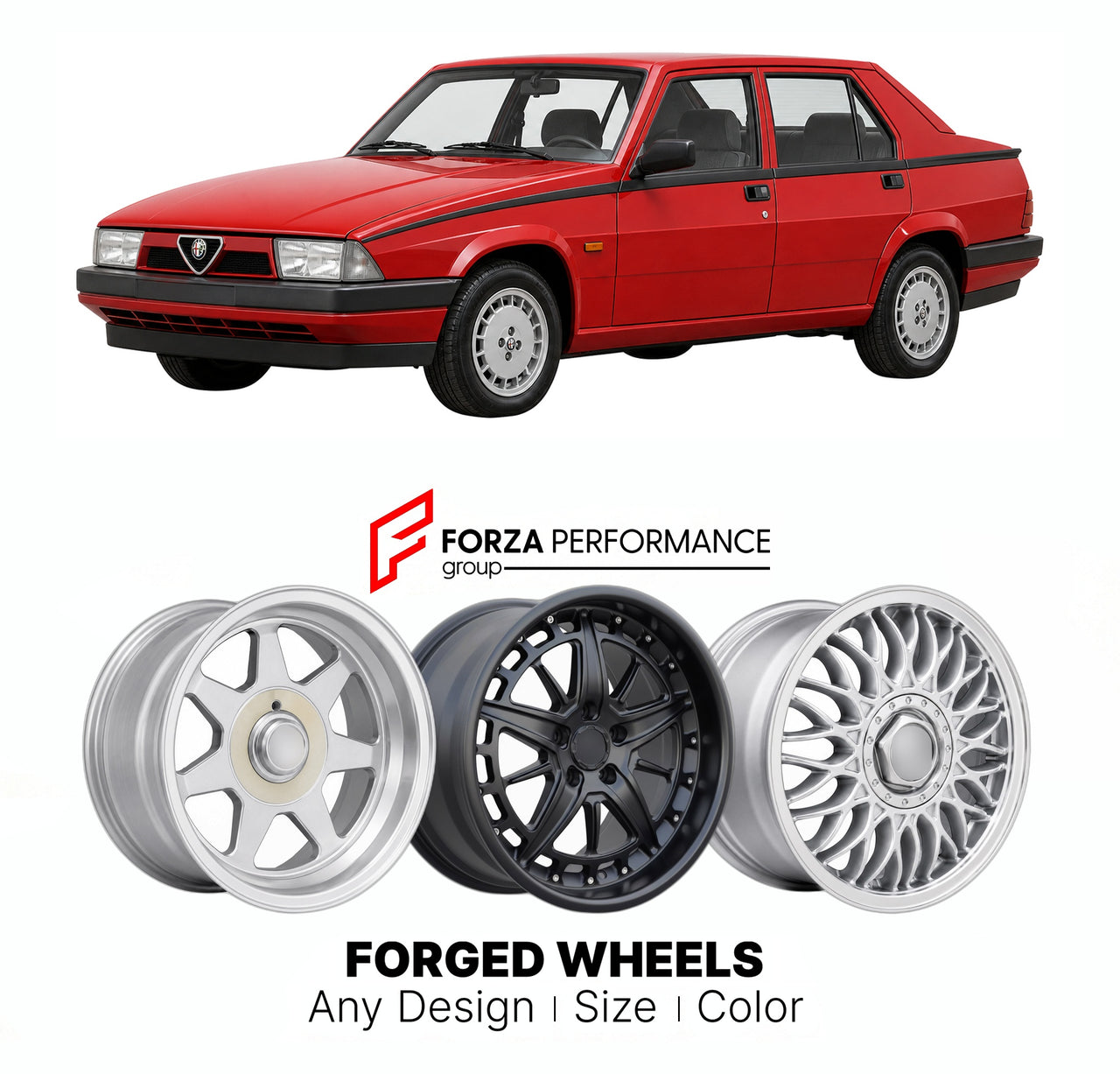 CUSTOM CLASSIC VINTAGE RESTOMOD RETRO OLD SCHOOL FORGED WHEELS RIMS for ALFA ROMEO 75 MILANO TYPE 162B 1985 - 1992

Custom forged wheels for Alfa Romeo 75 Milano Type 162B 1985 - 1992. Classic, vintage, restomod wheel designs made to order in custom sizes, offsets, colors and finishes.

We manufacture premium quality forged wheels rims for Alfa Romeo 75 Milano Type 162B 1985 - 1992 in any design, size, color.

THIS WHEEL DESIGN CAN BE CUSTOM-MADE FOR YOUR CAR IN ANY SIZE AND COLOR OPTIONS
Available in monob