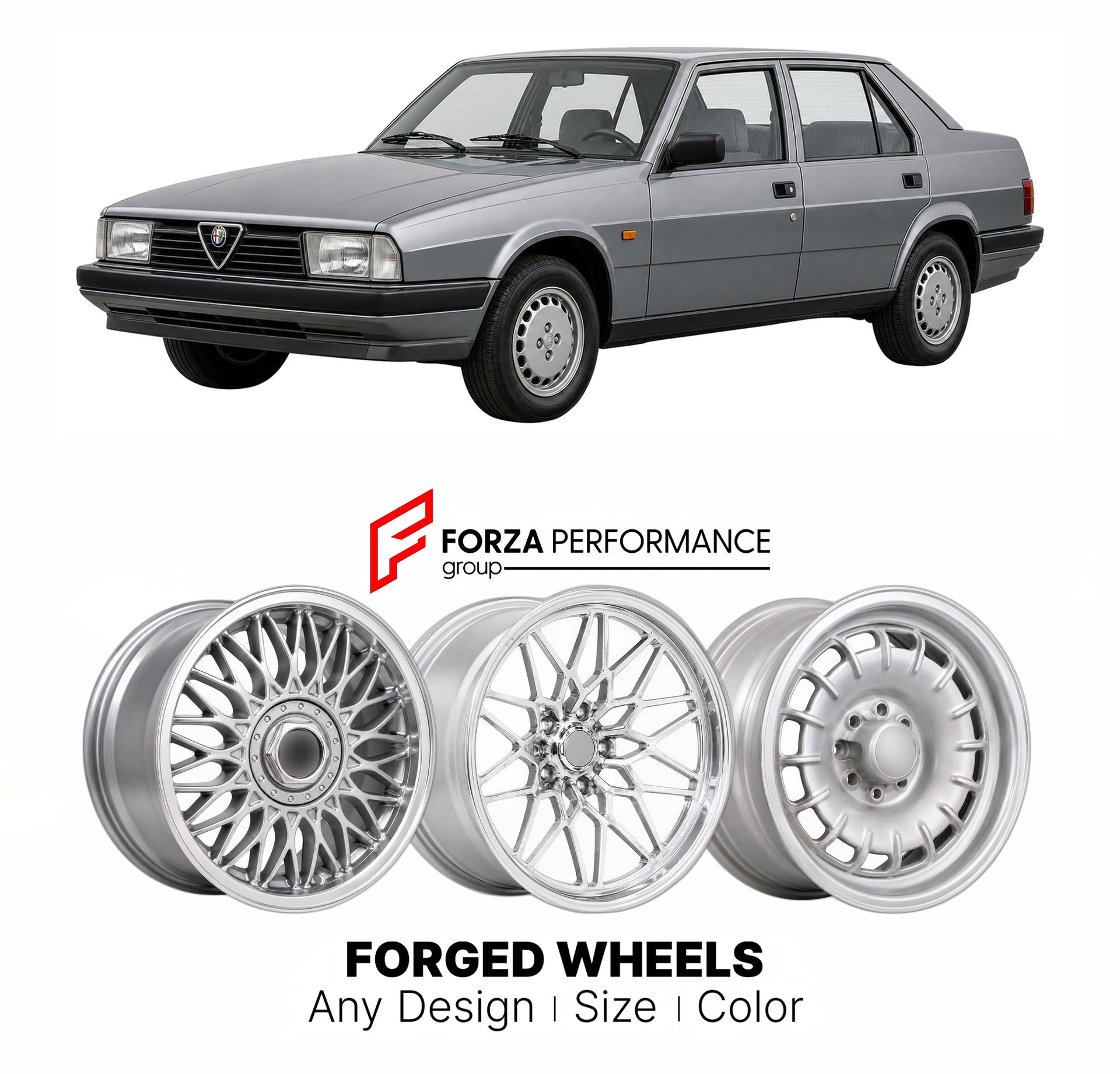 CUSTOM CLASSIC VINTAGE RESTOMOD RETRO OLD SCHOOL FORGED WHEELS RIMS for ALFA ROMEO 90 1984 - 1987

Custom forged wheels for Alfa Romeo 90 1984 - 1987. Classic, vintage, restomod wheel designs made to order in custom sizes, offsets, colors and finishes.

We manufacture premium quality forged wheels rims for Alfa Romeo 90 1984 - 1987 in any design, size, color.

THIS WHEEL DESIGN CAN BE CUSTOM-MADE FOR YOUR CAR IN ANY SIZE AND COLOR OPTIONS
Available in monoblock, 2-piece, 3-piece, duoblock, beadlock
3D wheel
