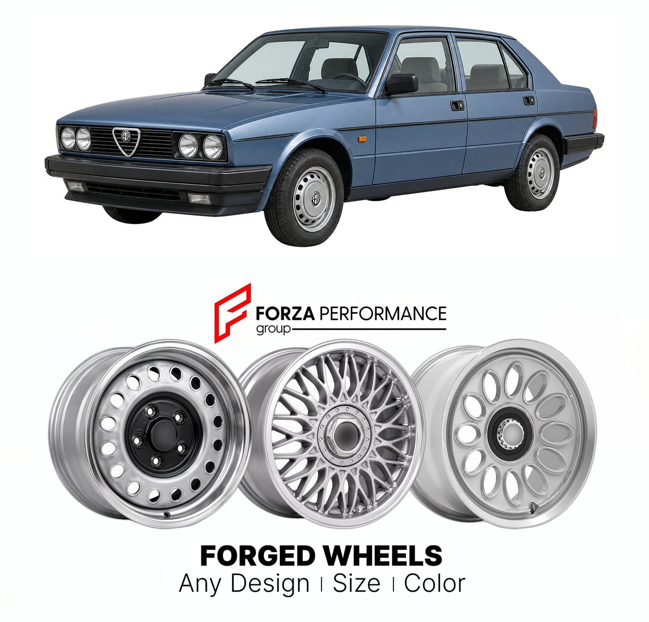 CUSTOM CLASSIC VINTAGE RESTOMOD RETRO OLD SCHOOL FORGED WHEELS RIMS for ALFA ROMEO 90 TIPO 162A 1984 - 1987

Custom forged wheels for Alfa Romeo 90 Tipo 162A 1984 - 1987. Classic, vintage, restomod wheel designs made to order in custom sizes, offsets, colors and finishes.

We manufacture premium quality forged wheels rims for Alfa Romeo 90 Tipo 162A 1984 - 1987 in any design, size, color.

THIS WHEEL DESIGN CAN BE CUSTOM-MADE FOR YOUR CAR IN ANY SIZE AND COLOR OPTIONS
Available in monoblock, 2-piece, 3-piec