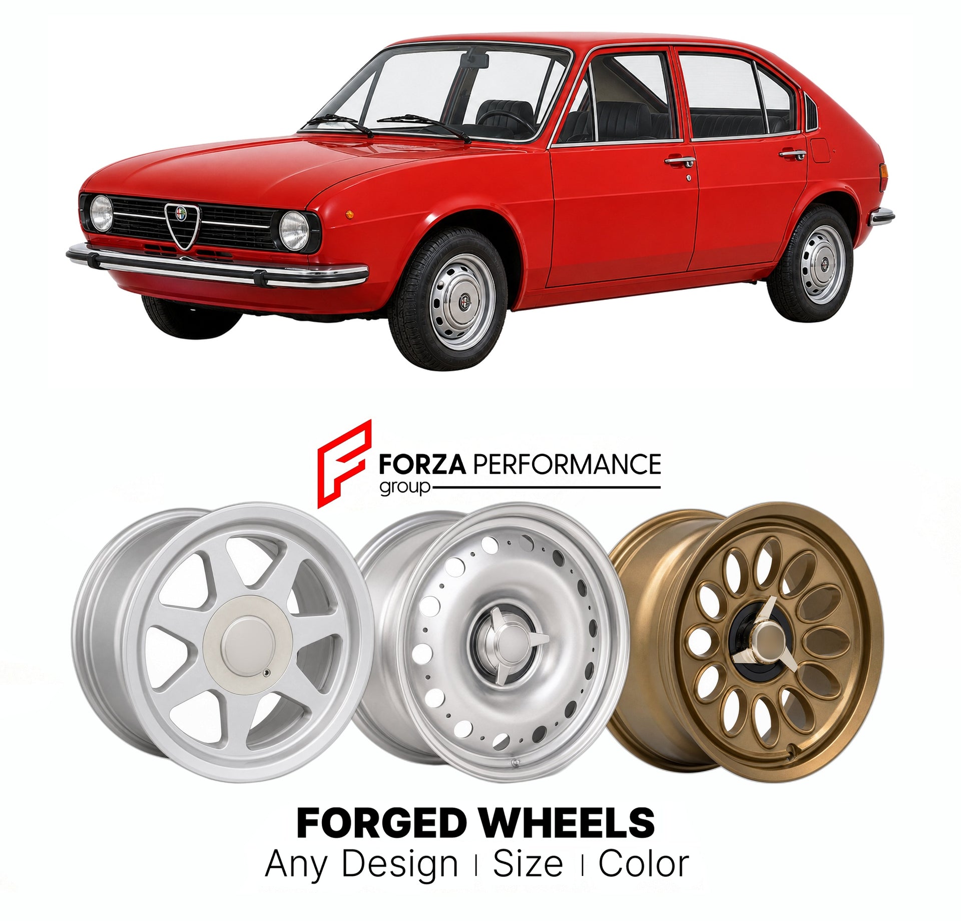 CUSTOM CLASSIC VINTAGE RESTOMOD RETRO OLD SCHOOL FORGED WHEELS RIMS for ALFA ROMEO ALFASUD 1971 - 1989

Custom forged wheels for Alfa Romeo Alfasud 1971 - 1989. Classic, vintage, restomod wheel designs made to order in custom sizes, offsets, colors and finishes.

We manufacture premium quality forged wheels rims for Alfa Romeo Alfasud 1971 - 1989 in any design, size, color.

THIS WHEEL DESIGN CAN BE CUSTOM-MADE FOR YOUR CAR IN ANY SIZE AND COLOR OPTIONS
Available in monoblock, 2-piece, 3-piece, duoblock, be