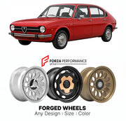 CUSTOM CLASSIC VINTAGE RESTOMOD RETRO OLD SCHOOL FORGED WHEELS RIMS for ALFA ROMEO ALFASUD SERIES I II III 1971 - 1989

Custom forged wheels for Alfa Romeo Alfasud Series I II III 1971 - 1989. Classic, vintage, restomod wheel designs made to order in custom sizes, offsets, colors and finishes.

We manufacture premium quality forged wheels rims for Alfa Romeo Alfasud Series I II III 1971 - 1989 in any design, size, color.

THIS WHEEL DESIGN CAN BE CUSTOM-MADE FOR YOUR CAR IN ANY SIZE AND COLOR OPTIONS
Availa