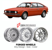 CUSTOM CLASSIC VINTAGE RESTOMOD RETRO OLD SCHOOL FORGED WHEELS RIMS for ALFA ROMEO ALFASUD SPRINT 1976 - 1989

Custom forged wheels for Alfa Romeo Alfasud Sprint 1976 - 1989. Classic, vintage, restomod wheel designs made to order in custom sizes, offsets, colors and finishes.

We manufacture premium quality forged wheels rims for Alfa Romeo Alfasud Sprint 1976 - 1989 in any design, size, color.

THIS WHEEL DESIGN CAN BE CUSTOM-MADE FOR YOUR CAR IN ANY SIZE AND COLOR OPTIONS
Available in monoblock, 2-piece, 