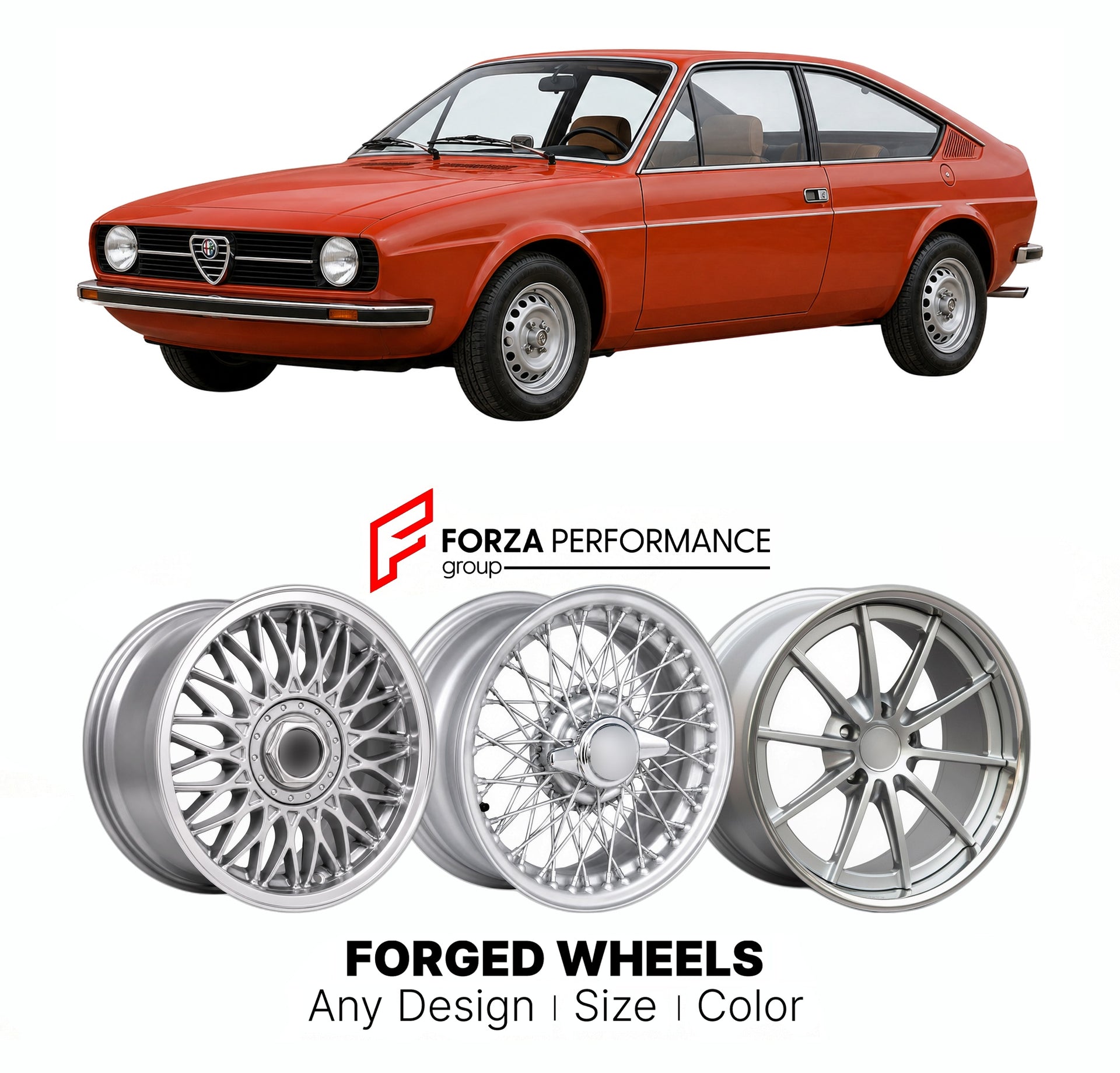 CUSTOM CLASSIC VINTAGE RESTOMOD RETRO OLD SCHOOL FORGED WHEELS RIMS for ALFA ROMEO ALFASUD SPRINT 1976 - 1989

Custom forged wheels for Alfa Romeo Alfasud Sprint 1976 - 1989. Classic, vintage, restomod wheel designs made to order in custom sizes, offsets, colors and finishes.

We manufacture premium quality forged wheels rims for Alfa Romeo Alfasud Sprint 1976 - 1989 in any design, size, color.

THIS WHEEL DESIGN CAN BE CUSTOM-MADE FOR YOUR CAR IN ANY SIZE AND COLOR OPTIONS
Available in monoblock, 2-piece, 