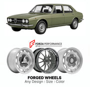 CUSTOM CLASSIC VINTAGE RESTOMOD RETRO OLD SCHOOL FORGED WHEELS RIMS for ALFA ROMEO ALFETTA BERLINA 1972 - 1984

Custom forged wheels for Alfa Romeo Alfetta Berlina 1972 - 1984. Classic, vintage, restomod wheel designs made to order in custom sizes, offsets, colors and finishes.

We manufacture premium quality forged wheels rims for Alfa Romeo Alfetta Berlina 1972 - 1984 in any design, size, color.

THIS WHEEL DESIGN CAN BE CUSTOM-MADE FOR YOUR CAR IN ANY SIZE AND COLOR OPTIONS
Available in monoblock, 2-piec