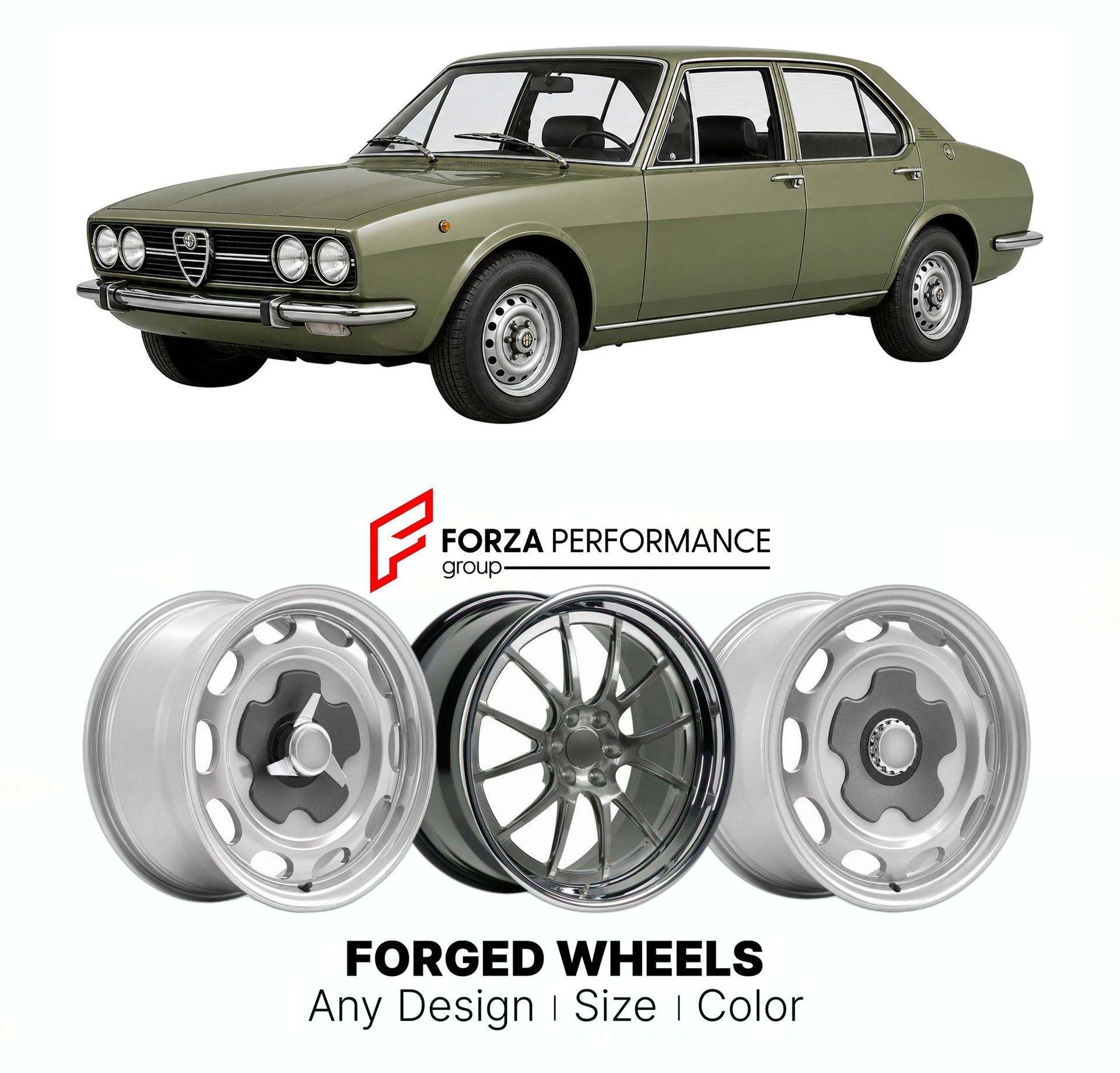 CUSTOM CLASSIC VINTAGE RESTOMOD RETRO OLD SCHOOL FORGED WHEELS RIMS for ALFA ROMEO ALFETTA BERLINA 1972 - 1984

Custom forged wheels for Alfa Romeo Alfetta Berlina 1972 - 1984. Classic, vintage, restomod wheel designs made to order in custom sizes, offsets, colors and finishes.

We manufacture premium quality forged wheels rims for Alfa Romeo Alfetta Berlina 1972 - 1984 in any design, size, color.

THIS WHEEL DESIGN CAN BE CUSTOM-MADE FOR YOUR CAR IN ANY SIZE AND COLOR OPTIONS
Available in monoblock, 2-piec