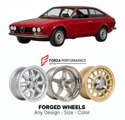CUSTOM CLASSIC VINTAGE RESTOMOD RETRO OLD SCHOOL FORGED WHEELS RIMS for ALFA ROMEO ALFETTA GT GTV 1974 - 1987

Custom forged wheels for Alfa Romeo Alfetta GT GTV 1974 - 1987. Classic, vintage, restomod wheel designs made to order in custom sizes, offsets, colors and finishes.

We manufacture premium quality forged wheels rims for Alfa Romeo Alfetta GT GTV 1974 - 1987 in any design, size, color.

THIS WHEEL DESIGN CAN BE CUSTOM-MADE FOR YOUR CAR IN ANY SIZE AND COLOR OPTIONS
Available in monoblock, 2-piece, 