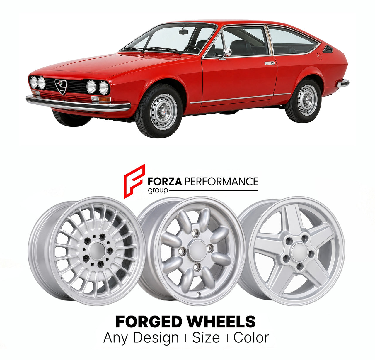 CUSTOM CLASSIC VINTAGE RESTOMOD RETRO OLD SCHOOL FORGED WHEELS RIMS for ALFA ROMEO ALFETTA GT GTV TIPO 116 1974 - 1987

Custom forged wheels for Alfa Romeo Alfetta GT GTV Tipo 116 1974 - 1987. Classic, vintage, restomod wheel designs made to order in custom sizes, offsets, colors and finishes.

We manufacture premium quality forged wheels rims for Alfa Romeo Alfetta GT GTV Tipo 116 1974 - 1987 in any design, size, color.

THIS WHEEL DESIGN CAN BE CUSTOM-MADE FOR YOUR CAR IN ANY SIZE AND COLOR OPTIONS
Availa