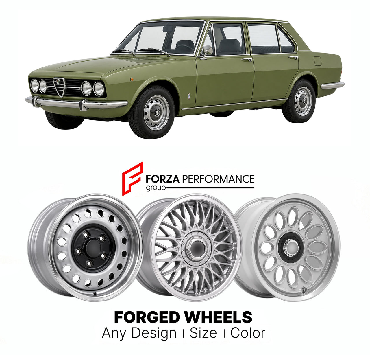 CUSTOM CLASSIC VINTAGE RESTOMOD RETRO OLD SCHOOL FORGED WHEELS RIMS for ALFA ROMEO ALFETTA TIPO 116 BERLINA 1972 - 1984

Custom forged wheels for Alfa Romeo Alfetta Tipo 116 Berlina 1972 - 1984. Classic, vintage, restomod wheel designs made to order in custom sizes, offsets, colors and finishes.

We manufacture premium quality forged wheels rims for Alfa Romeo Alfetta Tipo 116 Berlina 1972 - 1984 in any design, size, color.

THIS WHEEL DESIGN CAN BE CUSTOM-MADE FOR YOUR CAR IN ANY SIZE AND COLOR OPTIONS
Ava