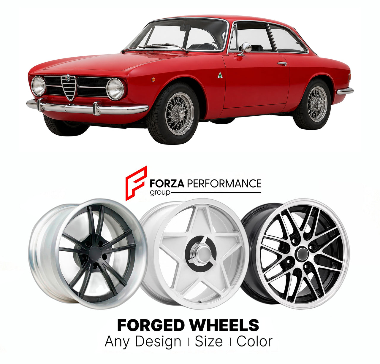 CUSTOM CLASSIC VINTAGE RESTOMOD RETRO OLD SCHOOL FORGED WHEELS RIMS for ALFA ROMEO AUTODELTA 1300 GT JUNIOR 105 SERIES 1966 - 1977

Custom forged wheels for Alfa Romeo Autodelta 1300 GT Junior 105 Series 1966 - 1977. Classic, vintage, restomod wheel designs made to order in custom sizes, offsets, colors and finishes.

We manufacture premium quality forged wheels rims for Alfa Romeo Autodelta 1300 GT Junior 105 Series 1966 - 1977 in any design, size, color.

THIS WHEEL DESIGN CAN BE CUSTOM-MADE FOR YOUR CAR 