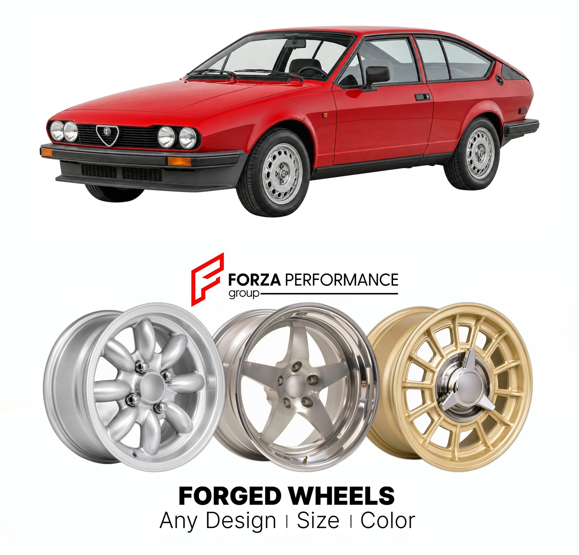 CUSTOM CLASSIC VINTAGE RESTOMOD RETRO OLD SCHOOL FORGED WHEELS RIMS for ALFA ROMEO GTV6 1980 - 1987

Custom forged wheels for Alfa Romeo GTV6 1980 - 1987. Classic, vintage, restomod wheel designs made to order in custom sizes, offsets, colors and finishes.

We manufacture premium quality forged wheels rims for Alfa Romeo GTV6 1980 - 1987 in any design, size, color.

THIS WHEEL DESIGN CAN BE CUSTOM-MADE FOR YOUR CAR IN ANY SIZE AND COLOR OPTIONS
Available in monoblock, 2-piece, 3-piece, duoblock, beadlock
3D