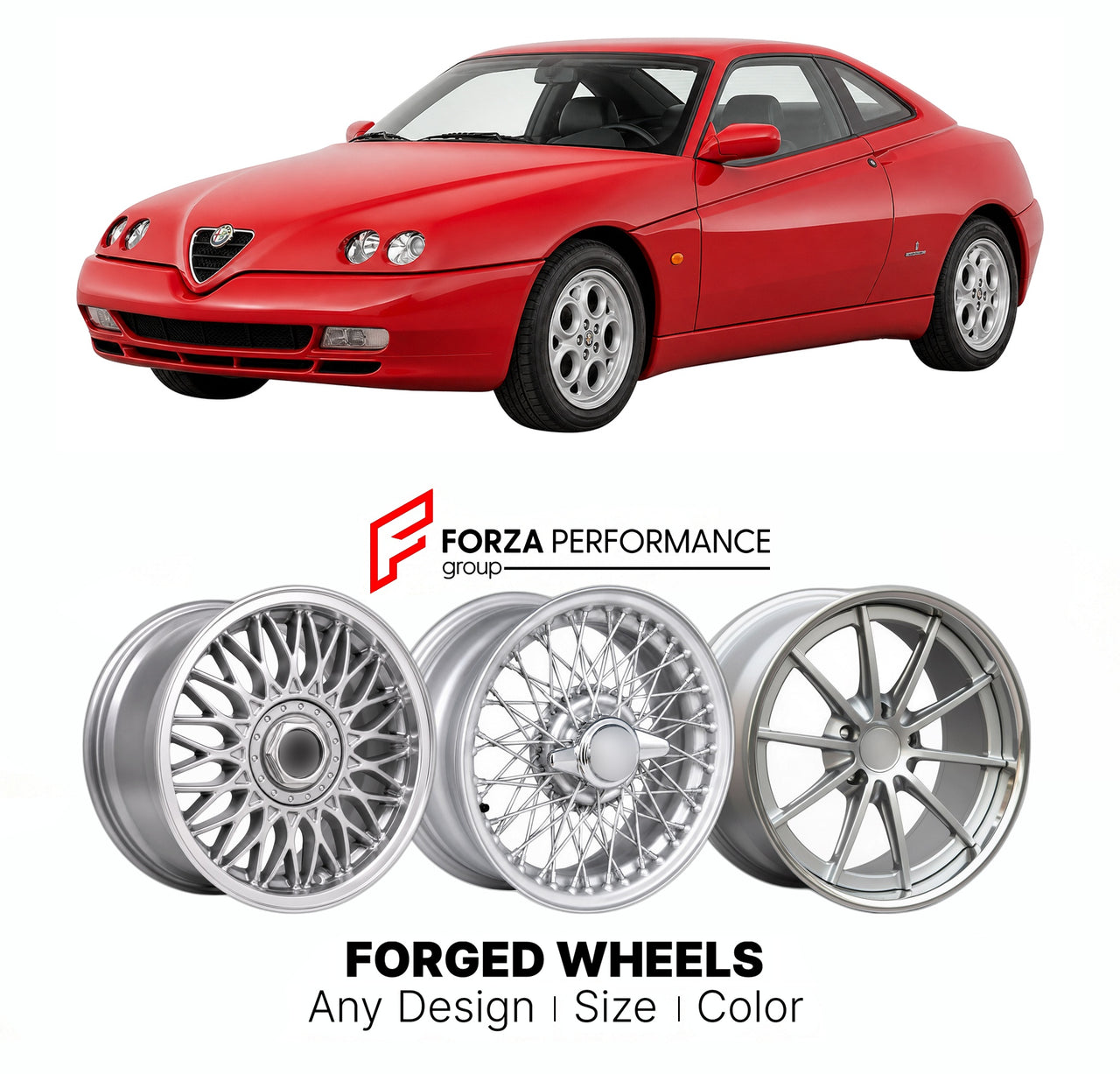 CUSTOM CLASSIC VINTAGE RESTOMOD RETRO OLD SCHOOL FORGED WHEELS RIMS for ALFA ROMEO GTV TYPE 916 1995 - 2004

Custom forged wheels for Alfa Romeo GTV Type 916 1995 - 2004. Classic, vintage, restomod wheel designs made to order in custom sizes, offsets, colors and finishes.

We manufacture premium quality forged wheels rims for Alfa Romeo GTV Type 916 1995 - 2004 in any design, size, color.

THIS WHEEL DESIGN CAN BE CUSTOM-MADE FOR YOUR CAR IN ANY SIZE AND COLOR OPTIONS
Available in monoblock, 2-piece, 3-piec