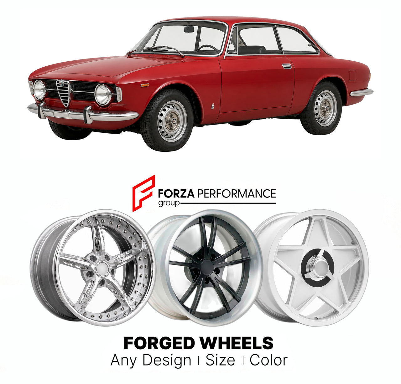 CUSTOM CLASSIC VINTAGE RESTOMOD RETRO OLD SCHOOL FORGED WHEELS RIMS for ALFA ROMEO GT 1300 JUNIOR 105 SERIES 1966 - 1977

Custom forged wheels for Alfa Romeo GT 1300 Junior 105 Series 1966 - 1977. Classic, vintage, restomod wheel designs made to order in custom sizes, offsets, colors and finishes.

We manufacture premium quality forged wheels rims for Alfa Romeo GT 1300 Junior 105 Series 1966 - 1977 in any design, size, color.

THIS WHEEL DESIGN CAN BE CUSTOM-MADE FOR YOUR CAR IN ANY SIZE AND COLOR OPTIONS
