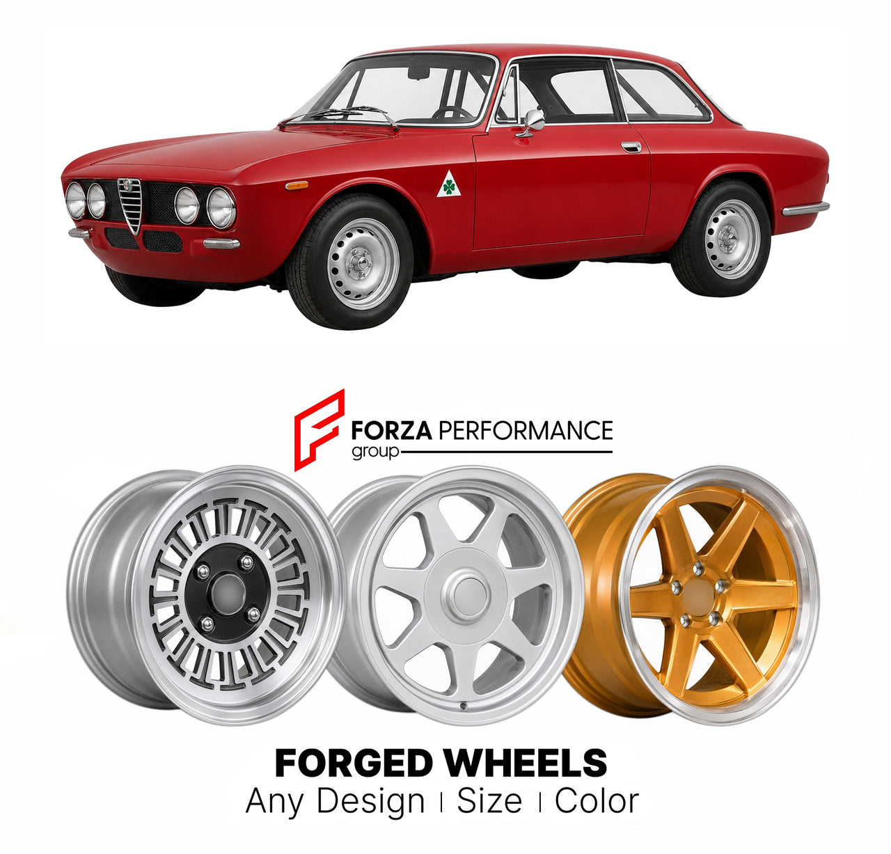 CUSTOM CLASSIC VINTAGE RESTOMOD RETRO OLD SCHOOL FORGED WHEELS RIMS for ALFA ROMEO GIULIA GTA TYPE 105 HOMOLOGATION SPECIAL 1965 - 1975

Custom forged wheels for Alfa Romeo Giulia GTA Type 105 Homologation Special 1965 - 1975. Classic, vintage, restomod wheel designs made to order in custom sizes, offsets, colors and finishes.

We manufacture premium quality forged wheels rims for Alfa Romeo Giulia GTA Type 105 Homologation Special 1965 - 1975 in any design, size, color.

THIS WHEEL DESIGN CAN BE CUSTOM-MAD