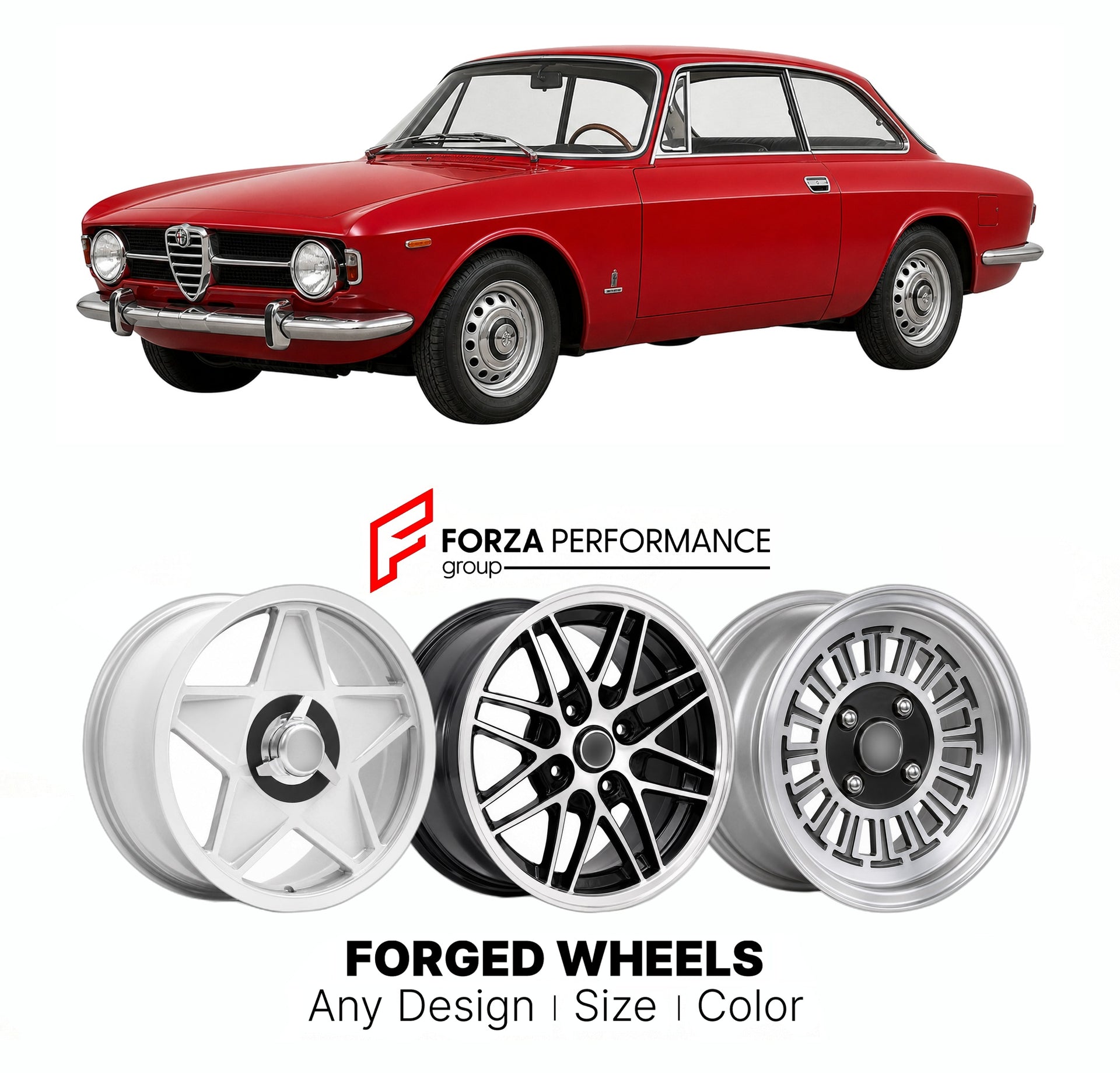 CUSTOM CLASSIC VINTAGE RESTOMOD RETRO OLD SCHOOL FORGED WHEELS RIMS for ALFA ROMEO GIULIA SPRINT GTV 105 SERIES 1965 - 1968

Custom forged wheels for Alfa Romeo Giulia Sprint GTV 105 Series 1965 - 1968. Classic, vintage, restomod wheel designs made to order in custom sizes, offsets, colors and finishes.

We manufacture premium quality forged wheels rims for Alfa Romeo Giulia Sprint GTV 105 Series 1965 - 1968 in any design, size, color.

THIS WHEEL DESIGN CAN BE CUSTOM-MADE FOR YOUR CAR IN ANY SIZE AND COLOR