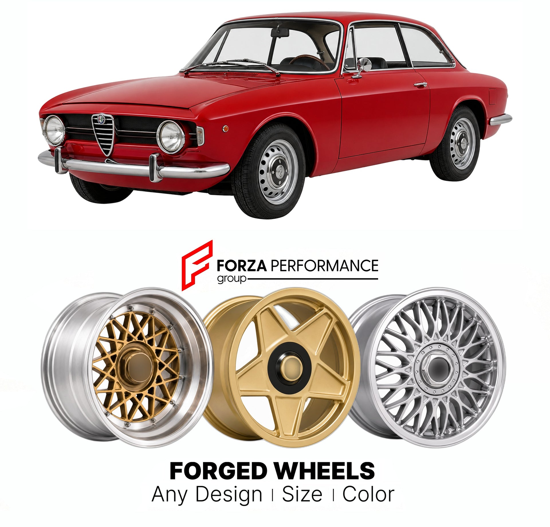 CUSTOM CLASSIC VINTAGE RESTOMOD RETRO OLD SCHOOL FORGED WHEELS RIMS for ALFA ROMEO GIULIA SPRINT GT 105 SERIES 1963 - 1966

Custom forged wheels for Alfa Romeo Giulia Sprint GT 105 Series 1963 - 1966. Classic, vintage, restomod wheel designs made to order in custom sizes, offsets, colors and finishes.

We manufacture premium quality forged wheels rims for Alfa Romeo Giulia Sprint GT 105 Series 1963 - 1966 in any design, size, color.

THIS WHEEL DESIGN CAN BE CUSTOM-MADE FOR YOUR CAR IN ANY SIZE AND COLOR OP