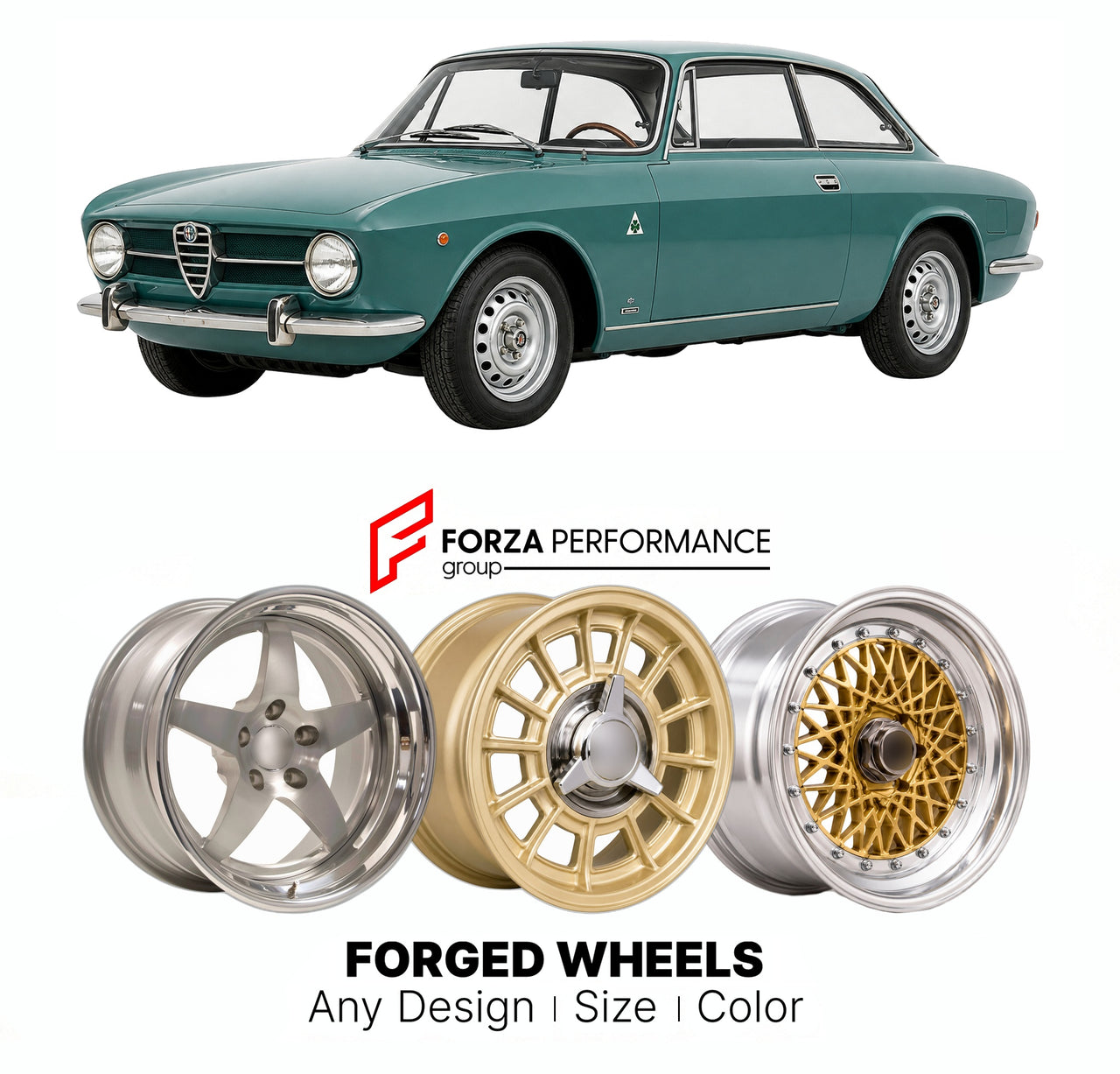 CUSTOM CLASSIC VINTAGE RESTOMOD RETRO OLD SCHOOL FORGED WHEELS RIMS for ALFA ROMEO GIULIA SPRINT GT GTV TYPE 105 115 1963 - 1977

Custom forged wheels for Alfa Romeo Giulia Sprint GT GTV Type 105 115 1963 - 1977. Classic, vintage, restomod wheel designs made to order in custom sizes, offsets, colors and finishes.

We manufacture premium quality forged wheels rims for Alfa Romeo Giulia Sprint GT GTV Type 105 115 1963 - 1977 in any design, size, color.

THIS WHEEL DESIGN CAN BE CUSTOM-MADE FOR YOUR CAR IN ANY