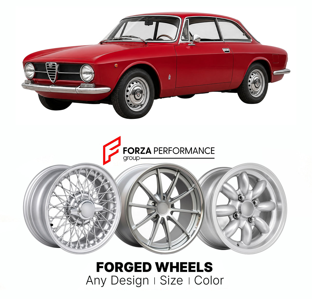 CUSTOM CLASSIC VINTAGE RESTOMOD RETRO OLD SCHOOL FORGED WHEELS RIMS for ALFA ROMEO GIULIA SPRINT GT JUNIOR 1963 - 1977

Custom forged wheels for Alfa Romeo Giulia Sprint GT Junior 1963 - 1977. Classic, vintage, restomod wheel designs made to order in custom sizes, offsets, colors and finishes.

We manufacture premium quality forged wheels rims for Alfa Romeo Giulia Sprint GT Junior 1963 - 1977 in any design, size, color.

THIS WHEEL DESIGN CAN BE CUSTOM-MADE FOR YOUR CAR IN ANY SIZE AND COLOR OPTIONS
Availa