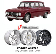 CUSTOM CLASSIC VINTAGE RESTOMOD RETRO OLD SCHOOL FORGED WHEELS RIMS for ALFA ROMEO GIULIA SUPER 105 SERIES 1965 - 1978

Custom forged wheels for Alfa Romeo Giulia Super 105 Series 1965 - 1978. Classic, vintage, restomod wheel designs made to order in custom sizes, offsets, colors and finishes.

We manufacture premium quality forged wheels rims for Alfa Romeo Giulia Super 105 Series 1965 - 1978 in any design, size, color.

THIS WHEEL DESIGN CAN BE CUSTOM-MADE FOR YOUR CAR IN ANY SIZE AND COLOR OPTIONS
Availa