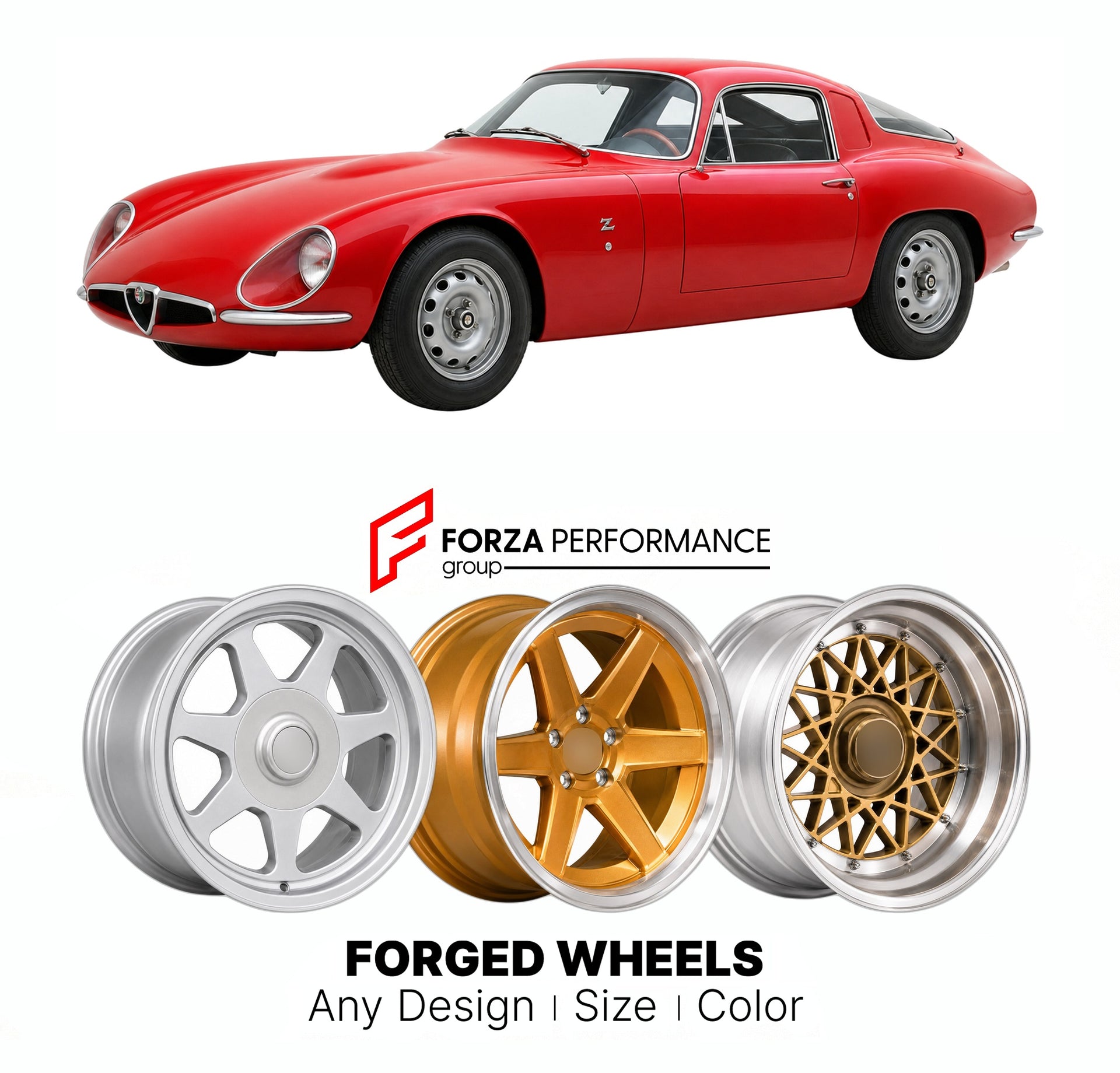 CUSTOM CLASSIC VINTAGE RESTOMOD RETRO OLD SCHOOL FORGED WHEELS RIMS for ALFA ROMEO GIULIA TZ TUBOLARE ZAGATO 1963 - 1967

Custom forged wheels for Alfa Romeo Giulia TZ Tubolare Zagato 1963 - 1967. Classic, vintage, restomod wheel designs made to order in custom sizes, offsets, colors and finishes.

We manufacture premium quality forged wheels rims for Alfa Romeo Giulia TZ Tubolare Zagato 1963 - 1967 in any design, size, color.

THIS WHEEL DESIGN CAN BE CUSTOM-MADE FOR YOUR CAR IN ANY SIZE AND COLOR OPTIONS
