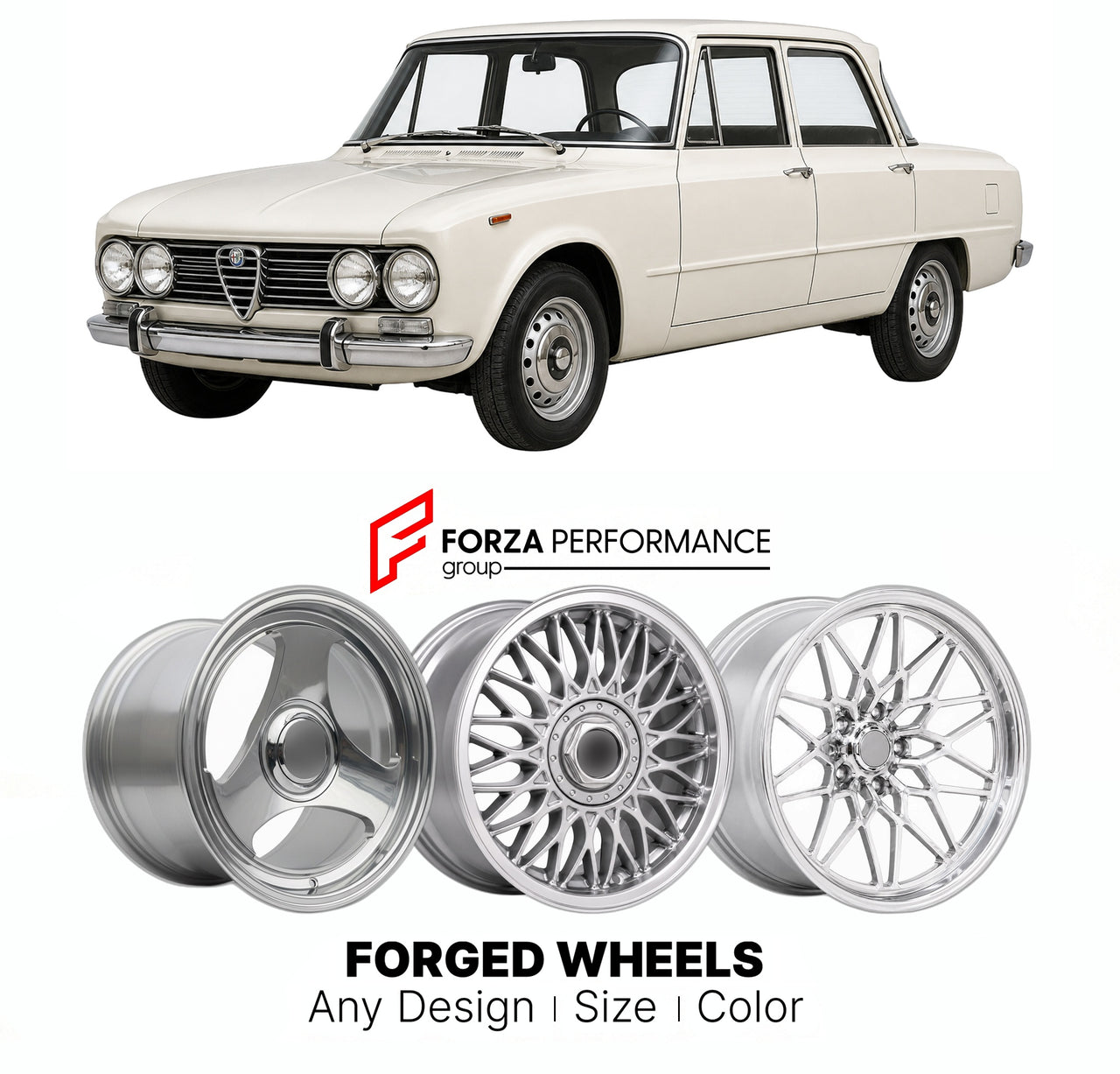 CUSTOM CLASSIC VINTAGE RESTOMOD RETRO OLD SCHOOL FORGED WHEELS RIMS for ALFA ROMEO GIULIA TYPE 105 115 BERLINA 1962 - 1978

Custom forged wheels for Alfa Romeo Giulia Type 105 115 Berlina 1962 - 1978. Classic, vintage, restomod wheel designs made to order in custom sizes, offsets, colors and finishes.

We manufacture premium quality forged wheels rims for Alfa Romeo Giulia Type 105 115 Berlina 1962 - 1978 in any design, size, color.

THIS WHEEL DESIGN CAN BE CUSTOM-MADE FOR YOUR CAR IN ANY SIZE AND COLOR OP