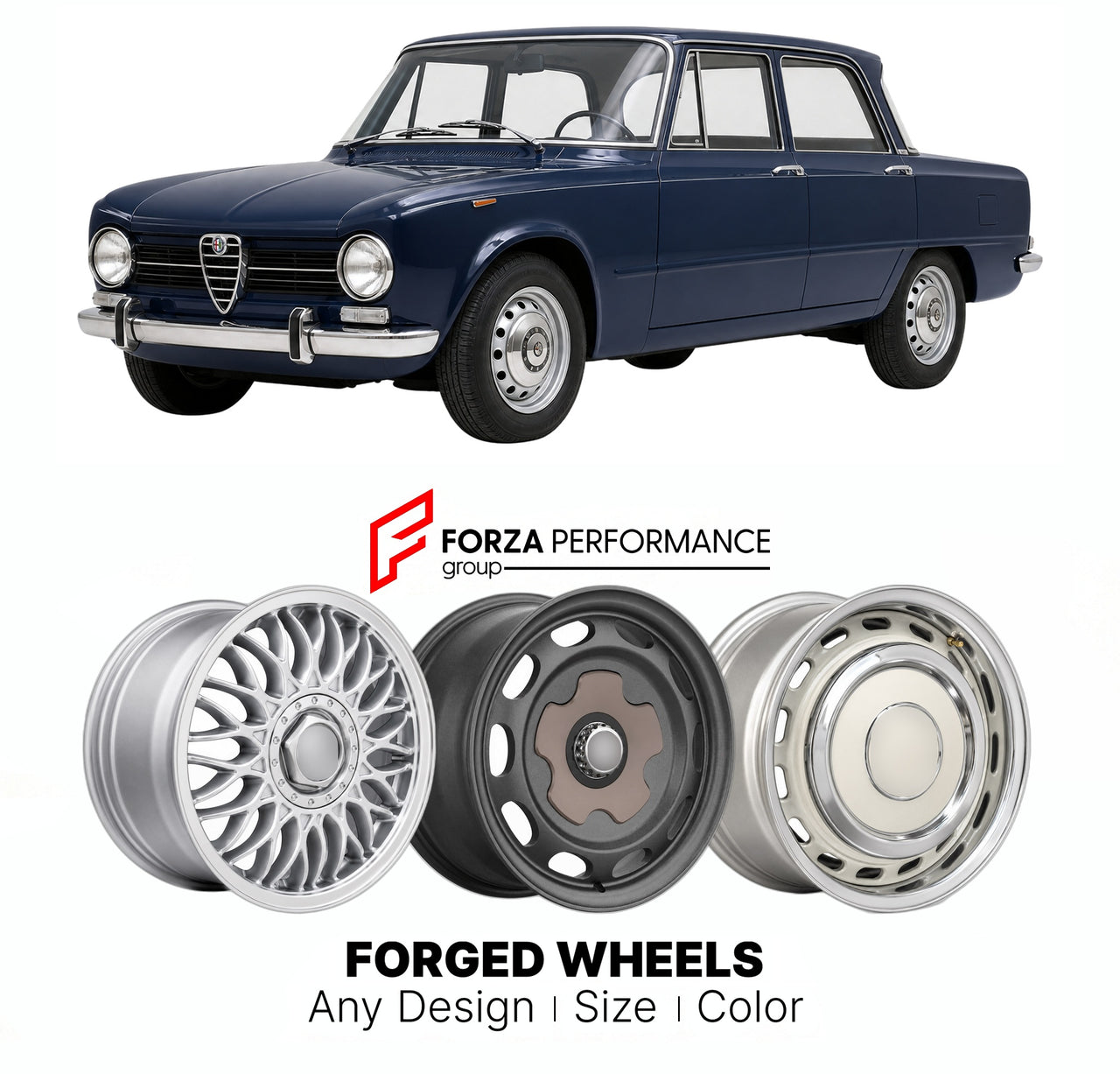 CUSTOM CLASSIC VINTAGE RESTOMOD RETRO OLD SCHOOL FORGED WHEELS RIMS for ALFA ROMEO GIULIA TYPE 105 1962 - 1978

Custom forged wheels for Alfa Romeo Giulia Type 105 1962 - 1978. Classic, vintage, restomod wheel designs made to order in custom sizes, offsets, colors and finishes.

We manufacture premium quality forged wheels rims for Alfa Romeo Giulia Type 105 1962 - 1978 in any design, size, color.

THIS WHEEL DESIGN CAN BE CUSTOM-MADE FOR YOUR CAR IN ANY SIZE AND COLOR OPTIONS
Available in monoblock, 2-piec