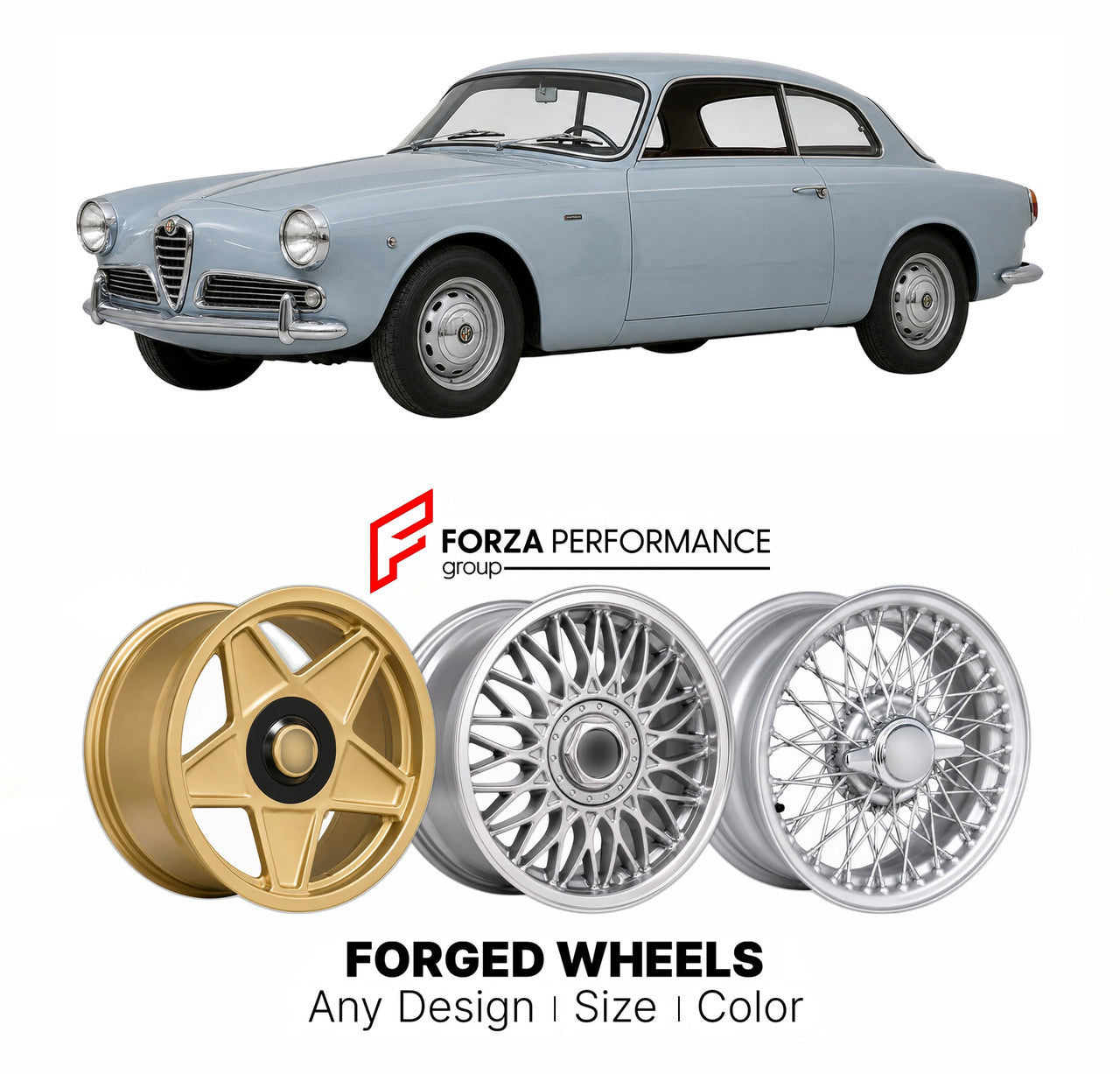 CUSTOM CLASSIC VINTAGE RESTOMOD RETRO OLD SCHOOL FORGED WHEELS RIMS for ALFA ROMEO GIULIETTA 1300 SPRINT TIPO 750 101 1954 - 1965

Custom forged wheels for Alfa Romeo Giulietta 1300 Sprint Tipo 750 101 1954 - 1965. Classic, vintage, restomod wheel designs made to order in custom sizes, offsets, colors and finishes.

We manufacture premium quality forged wheels rims for Alfa Romeo Giulietta 1300 Sprint Tipo 750 101 1954 - 1965 in any design, size, color.

THIS WHEEL DESIGN CAN BE CUSTOM-MADE FOR YOUR CAR IN 