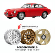 CUSTOM CLASSIC VINTAGE RESTOMOD RETRO OLD SCHOOL FORGED WHEELS RIMS for ALFA ROMEO GIULIETTA SZ CODA TONDA SPRINT ZAGATO 101 SERIES 1960 - 1962

Custom forged wheels for Alfa Romeo Giulietta SZ Coda Tonda Sprint Zagato 101 Series 1960 - 1962. Classic, vintage, restomod wheel designs made to order in custom sizes, offsets, colors and finishes.

We manufacture premium quality forged wheels rims for Alfa Romeo Giulietta SZ Coda Tonda Sprint Zagato 101 Series 1960 - 1962 in any design, size, color.

THIS WHEEL 