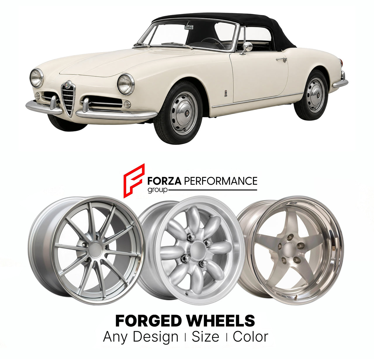 CUSTOM CLASSIC VINTAGE RESTOMOD RETRO OLD SCHOOL FORGED WHEELS RIMS for ALFA ROMEO GIULIETTA SPIDER TYPE 750 101 1955 - 1962

Custom forged wheels for Alfa Romeo Giulietta Spider Type 750 101 1955 - 1962. Classic, vintage, restomod wheel designs made to order in custom sizes, offsets, colors and finishes.

We manufacture premium quality forged wheels rims for Alfa Romeo Giulietta Spider Type 750 101 1955 - 1962 in any design, size, color.

THIS WHEEL DESIGN CAN BE CUSTOM-MADE FOR YOUR CAR IN ANY SIZE AND CO
