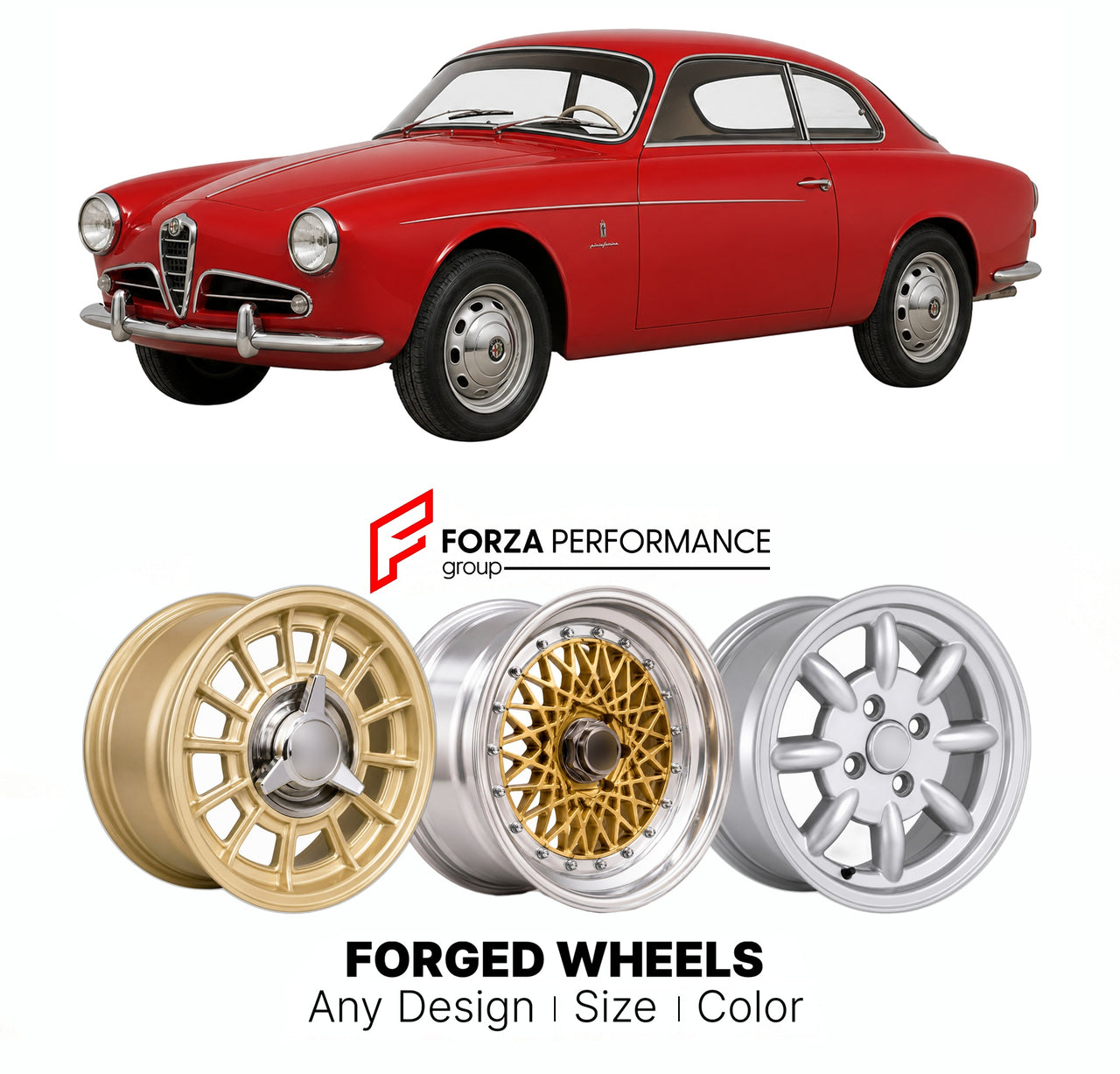 CUSTOM CLASSIC VINTAGE RESTOMOD RETRO OLD SCHOOL FORGED WHEELS RIMS for ALFA ROMEO GIULIETTA SPRINT TYPE 750 101 1954 - 1965

Custom forged wheels for Alfa Romeo Giulietta Sprint Type 750 101 1954 - 1965. Classic, vintage, restomod wheel designs made to order in custom sizes, offsets, colors and finishes.

We manufacture premium quality forged wheels rims for Alfa Romeo Giulietta Sprint Type 750 101 1954 - 1965 in any design, size, color.

THIS WHEEL DESIGN CAN BE CUSTOM-MADE FOR YOUR CAR IN ANY SIZE AND CO