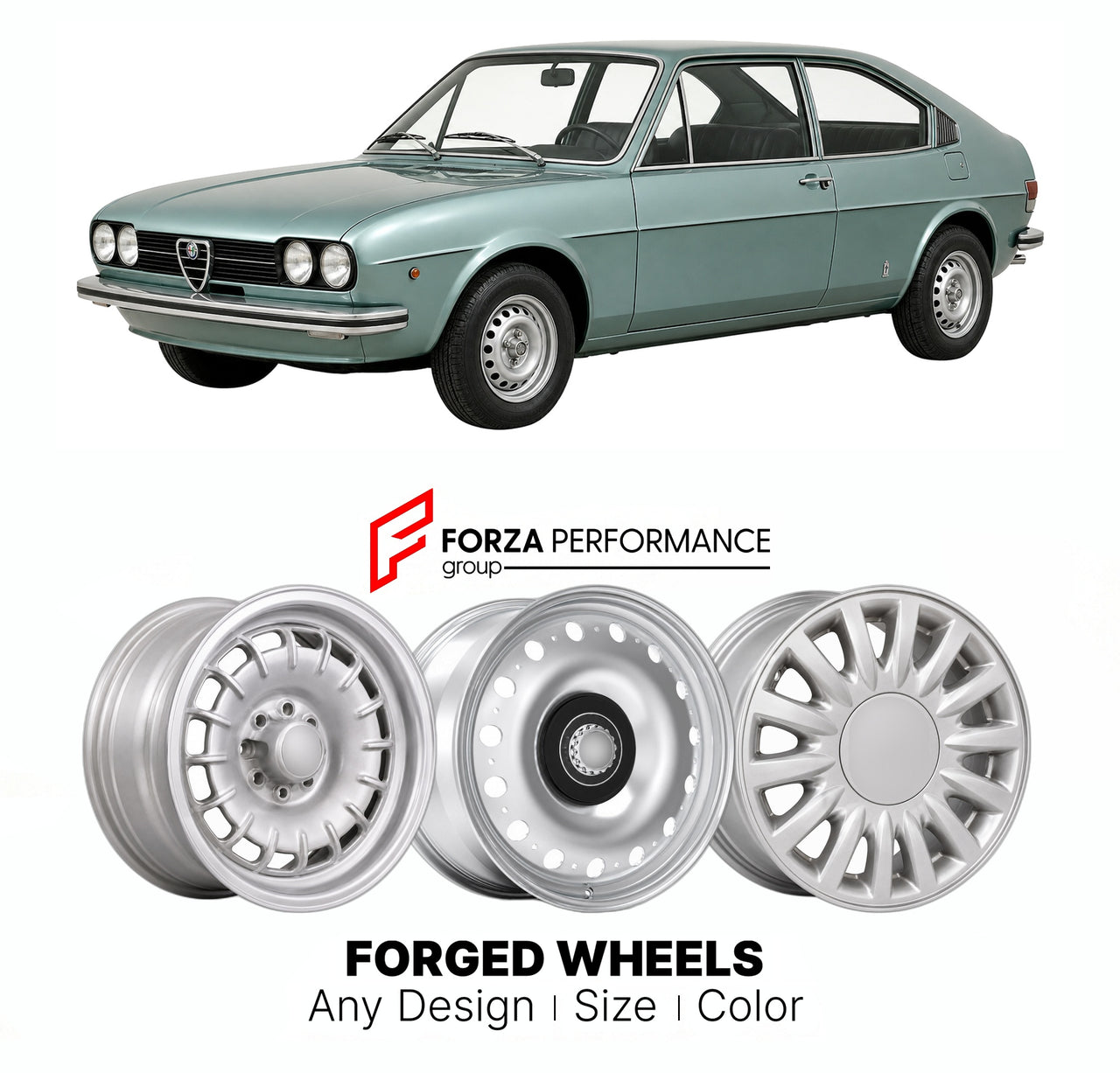 CUSTOM CLASSIC VINTAGE RESTOMOD RETRO OLD SCHOOL FORGED WHEELS RIMS for ALFA ROMEO GIULIETTA TYPE 116 1977 - 1985

Custom forged wheels for Alfa Romeo Giulietta Type 116 1977 - 1985. Classic, vintage, restomod wheel designs made to order in custom sizes, offsets, colors and finishes.

We manufacture premium quality forged wheels rims for Alfa Romeo Giulietta Type 116 1977 - 1985 in any design, size, color.

THIS WHEEL DESIGN CAN BE CUSTOM-MADE FOR YOUR CAR IN ANY SIZE AND COLOR OPTIONS
Available in monobloc