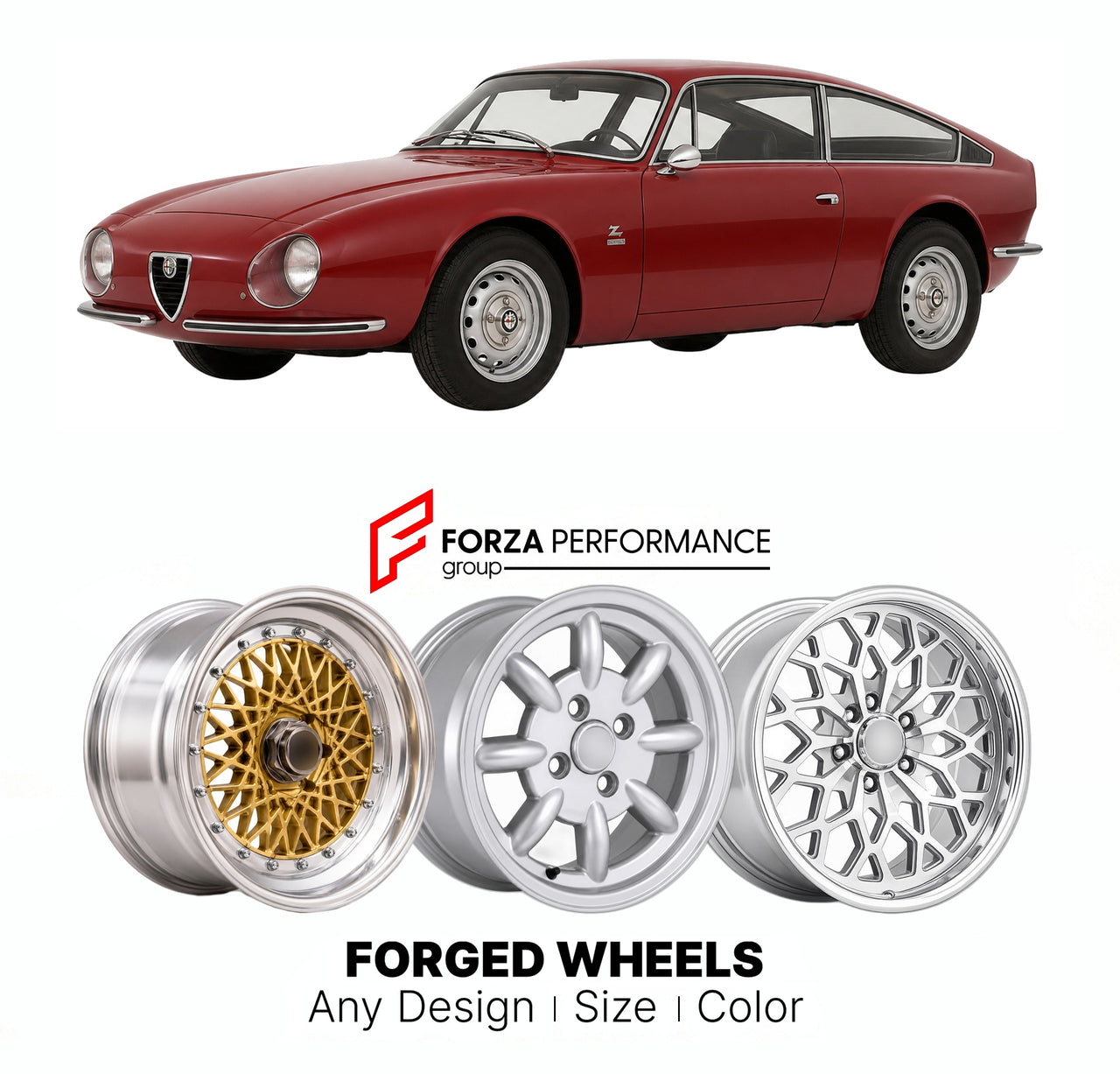 CUSTOM CLASSIC VINTAGE RESTOMOD RETRO OLD SCHOOL FORGED WHEELS RIMS for ALFA ROMEO JUNIOR ZAGATO TYPE 105 1969 - 1975

Custom forged wheels for Alfa Romeo Junior Zagato Type 105 1969 - 1975. Classic, vintage, restomod wheel designs made to order in custom sizes, offsets, colors and finishes.

We manufacture premium quality forged wheels rims for Alfa Romeo Junior Zagato Type 105 1969 - 1975 in any design, size, color.

THIS WHEEL DESIGN CAN BE CUSTOM-MADE FOR YOUR CAR IN ANY SIZE AND COLOR OPTIONS
Available