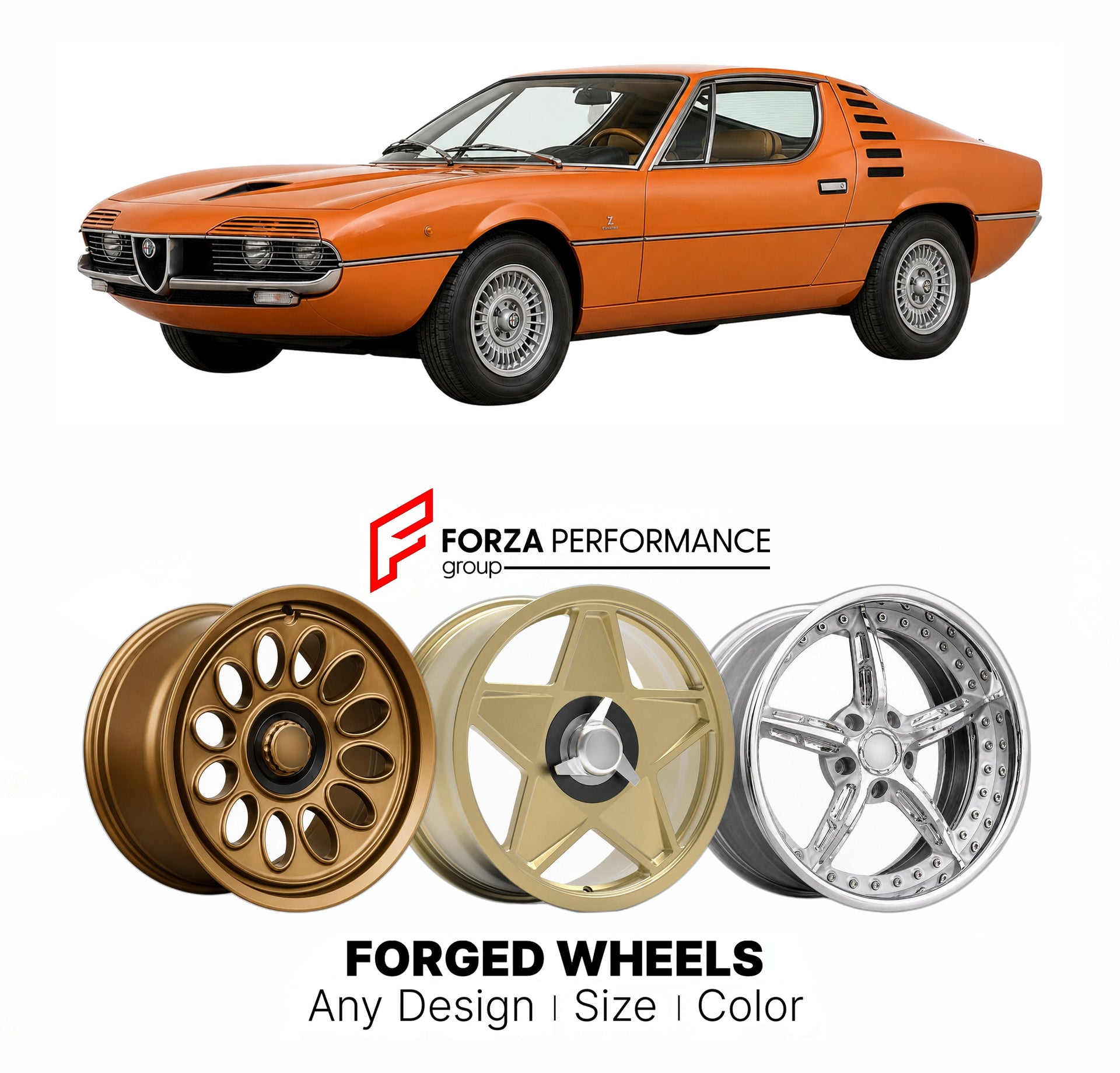 CUSTOM CLASSIC VINTAGE RESTOMOD RETRO OLD SCHOOL FORGED WHEELS RIMS for ALFA ROMEO MONTREAL 1970 - 1977

Custom forged wheels for Alfa Romeo Montreal 1970 - 1977. Classic, vintage, restomod wheel designs made to order in custom sizes, offsets, colors and finishes.

We manufacture premium quality forged wheels rims for Alfa Romeo Montreal 1970 - 1977 in any design, size, color.

THIS WHEEL DESIGN CAN BE CUSTOM-MADE FOR YOUR CAR IN ANY SIZE AND COLOR OPTIONS
Available in monoblock, 2-piece, 3-piece, duoblock,