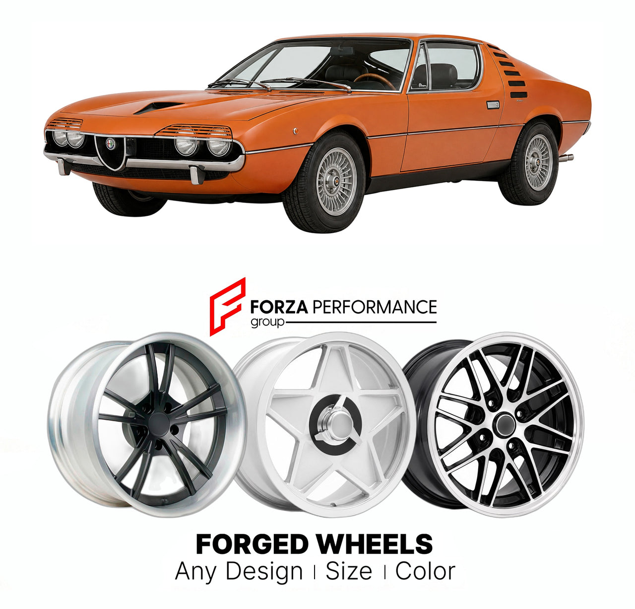 CUSTOM CLASSIC VINTAGE RESTOMOD RETRO OLD SCHOOL FORGED WHEELS RIMS for ALFA ROMEO MONTREAL TYPE 105.64 1970 - 1977

Custom forged wheels for Alfa Romeo Montreal Type 105.64 1970 - 1977. Classic, vintage, restomod wheel designs made to order in custom sizes, offsets, colors and finishes.

We manufacture premium quality forged wheels rims for Alfa Romeo Montreal Type 105.64 1970 - 1977 in any design, size, color.

THIS WHEEL DESIGN CAN BE CUSTOM-MADE FOR YOUR CAR IN ANY SIZE AND COLOR OPTIONS
Available in mo