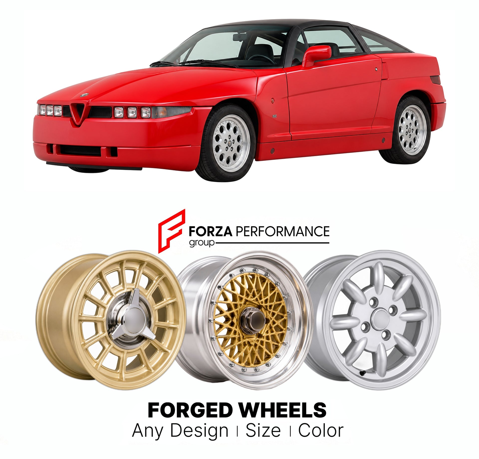 CUSTOM CLASSIC VINTAGE RESTOMOD RETRO OLD SCHOOL FORGED WHEELS RIMS for ALFA ROMEO SZ RZ ES30 1989 - 1994

Custom forged wheels for Alfa Romeo SZ RZ ES30 1989 - 1994. Classic, vintage, restomod wheel designs made to order in custom sizes, offsets, colors and finishes.

We manufacture premium quality forged wheels rims for Alfa Romeo SZ RZ ES30 1989 - 1994 in any design, size, color.

THIS WHEEL DESIGN CAN BE CUSTOM-MADE FOR YOUR CAR IN ANY SIZE AND COLOR OPTIONS
Available in monoblock, 2-piece, 3-piece, duo