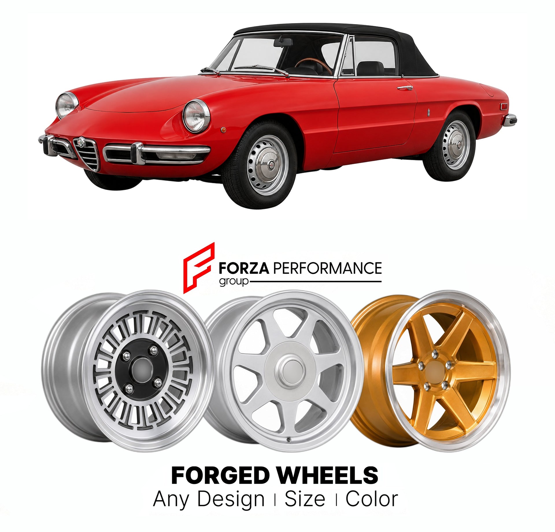 CUSTOM CLASSIC VINTAGE RESTOMOD RETRO OLD SCHOOL FORGED WHEELS RIMS for ALFA ROMEO SPIDER 2.0 SERIES 2 115 1971 - 1982

Custom forged wheels for Alfa Romeo Spider 2.0 Series 2 115 1971 - 1982. Classic, vintage, restomod wheel designs made to order in custom sizes, offsets, colors and finishes.

We manufacture premium quality forged wheels rims for Alfa Romeo Spider 2.0 Series 2 115 1971 - 1982 in any design, size, color.

THIS WHEEL DESIGN CAN BE CUSTOM-MADE FOR YOUR CAR IN ANY SIZE AND COLOR OPTIONS
Availa