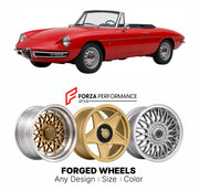 CUSTOM CLASSIC VINTAGE RESTOMOD RETRO OLD SCHOOL FORGED WHEELS RIMS for ALFA ROMEO SPIDER DUETTO SERIES 1 1966 - 1969

Custom forged wheels for Alfa Romeo Spider Duetto Series 1 1966 - 1969. Classic, vintage, restomod wheel designs made to order in custom sizes, offsets, colors and finishes.

We manufacture premium quality forged wheels rims for Alfa Romeo Spider Duetto Series 1 1966 - 1969 in any design, size, color.

THIS WHEEL DESIGN CAN BE CUSTOM-MADE FOR YOUR CAR IN ANY SIZE AND COLOR OPTIONS
Available