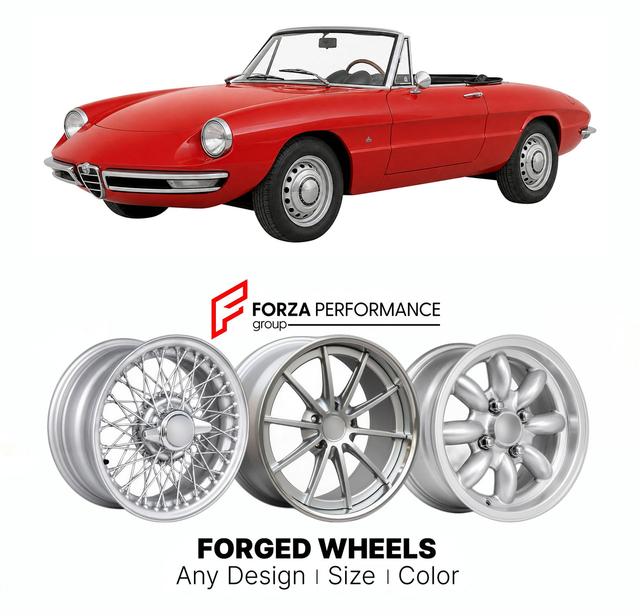 CUSTOM CLASSIC VINTAGE RESTOMOD RETRO OLD SCHOOL FORGED WHEELS RIMS for ALFA ROMEO SPIDER SERIES 1 DUETTO 1966 - 1969

Custom forged wheels for Alfa Romeo Spider Series 1 Duetto 1966 - 1969. Classic, vintage, restomod wheel designs made to order in custom sizes, offsets, colors and finishes.

We manufacture premium quality forged wheels rims for Alfa Romeo Spider Series 1 Duetto 1966 - 1969 in any design, size, color.

THIS WHEEL DESIGN CAN BE CUSTOM-MADE FOR YOUR CAR IN ANY SIZE AND COLOR OPTIONS
Available