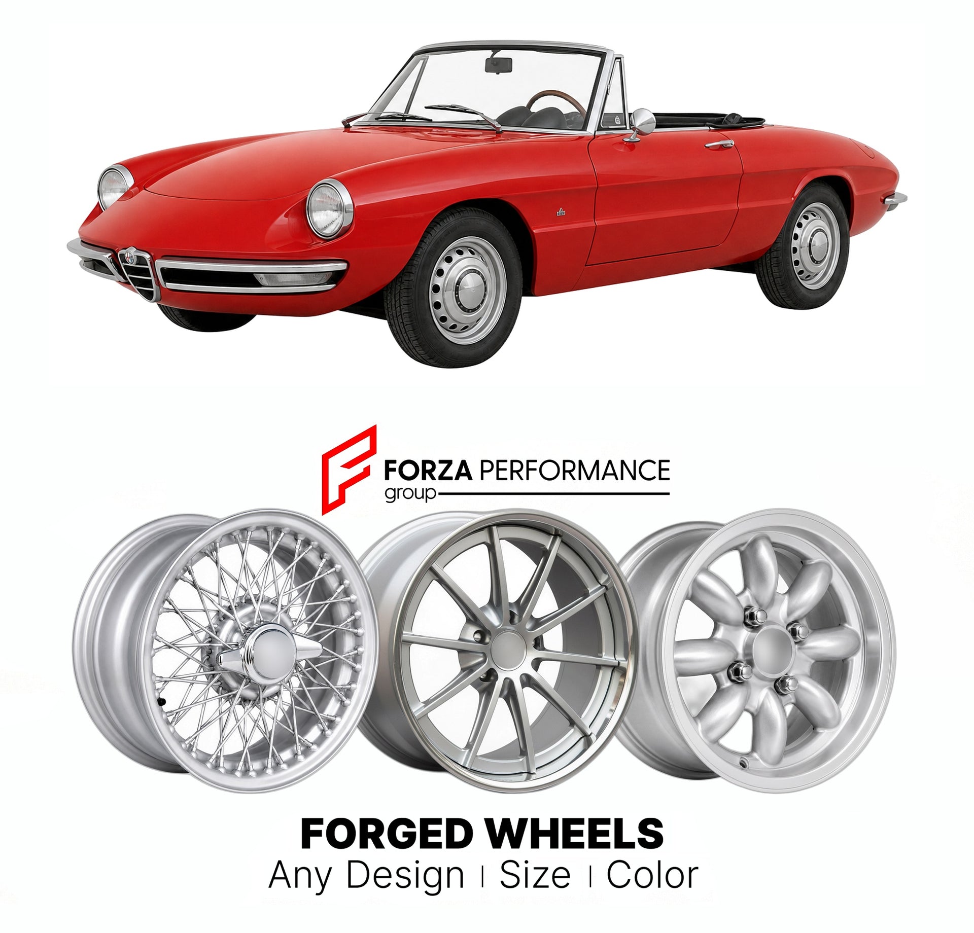 CUSTOM CLASSIC VINTAGE RESTOMOD RETRO OLD SCHOOL FORGED WHEELS RIMS for ALFA ROMEO SPIDER SERIES 1 DUETTO 1966 - 1969

Custom forged wheels for Alfa Romeo Spider Series 1 Duetto 1966 - 1969. Classic, vintage, restomod wheel designs made to order in custom sizes, offsets, colors and finishes.

We manufacture premium quality forged wheels rims for Alfa Romeo Spider Series 1 Duetto 1966 - 1969 in any design, size, color.

THIS WHEEL DESIGN CAN BE CUSTOM-MADE FOR YOUR CAR IN ANY SIZE AND COLOR OPTIONS
Available