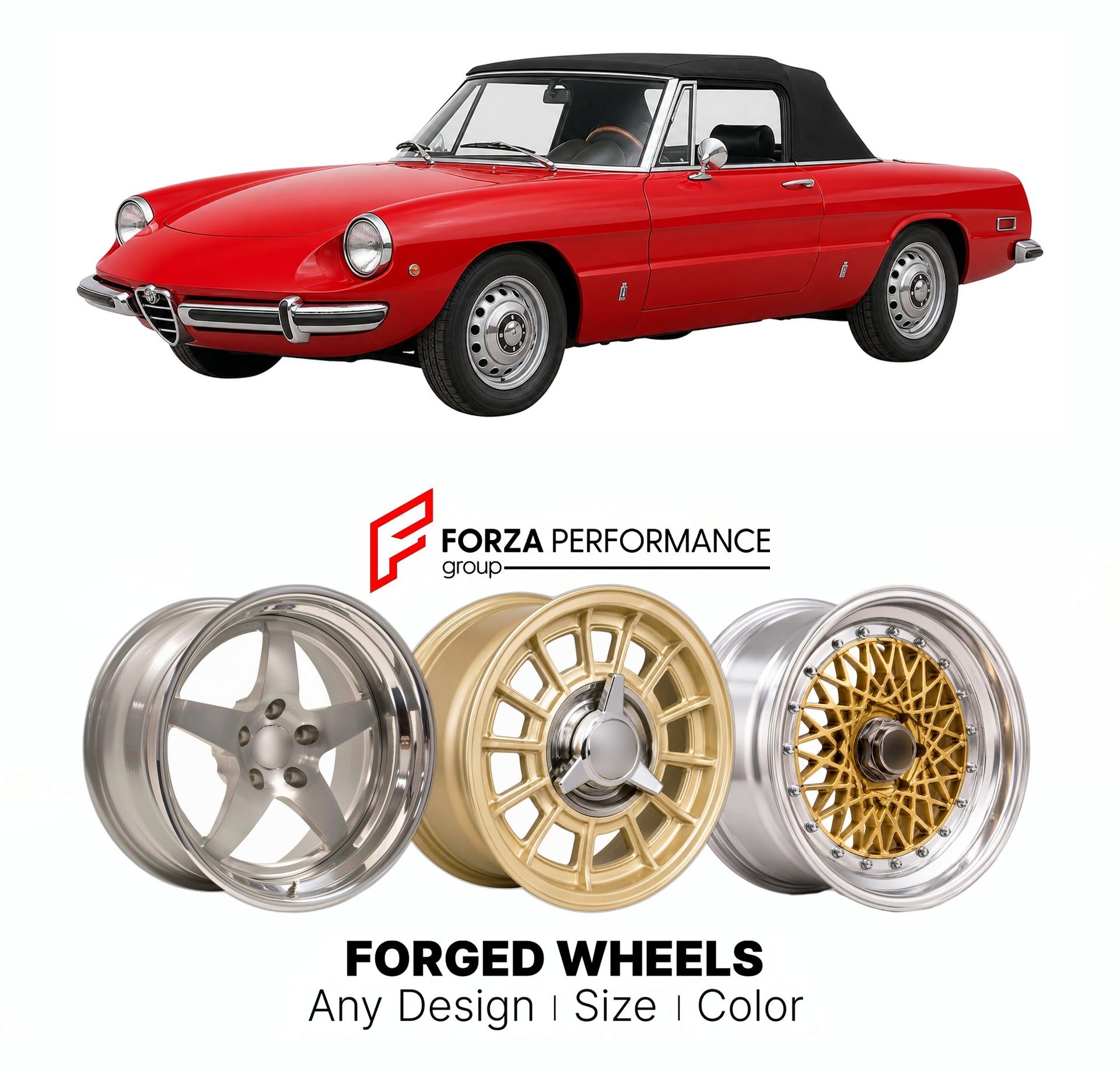 CUSTOM CLASSIC VINTAGE RESTOMOD RETRO OLD SCHOOL FORGED WHEELS RIMS for ALFA ROMEO SPIDER SERIES 2 1970 - 1982

Custom forged wheels for Alfa Romeo Spider Series 2 1970 - 1982. Classic, vintage, restomod wheel designs made to order in custom sizes, offsets, colors and finishes.

We manufacture premium quality forged wheels rims for Alfa Romeo Spider Series 2 1970 - 1982 in any design, size, color.

THIS WHEEL DESIGN CAN BE CUSTOM-MADE FOR YOUR CAR IN ANY SIZE AND COLOR OPTIONS
Available in monoblock, 2-piec