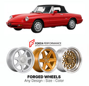 CUSTOM CLASSIC VINTAGE RESTOMOD RETRO OLD SCHOOL FORGED WHEELS RIMS for ALFA ROMEO SPIDER SERIES 4 1990 - 1993

Custom forged wheels for Alfa Romeo Spider Series 4 1990 - 1993. Classic, vintage, restomod wheel designs made to order in custom sizes, offsets, colors and finishes.

We manufacture premium quality forged wheels rims for Alfa Romeo Spider Series 4 1990 - 1993 in any design, size, color.

THIS WHEEL DESIGN CAN BE CUSTOM-MADE FOR YOUR CAR IN ANY SIZE AND COLOR OPTIONS
Available in monoblock, 2-piec