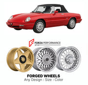 CUSTOM CLASSIC VINTAGE RESTOMOD RETRO OLD SCHOOL FORGED WHEELS RIMS for ALFA ROMEO SPIDER SERIES 4 1990 - 1994

Custom forged wheels for Alfa Romeo Spider Series 4 1990 - 1994. Classic, vintage, restomod wheel designs made to order in custom sizes, offsets, colors and finishes.

We manufacture premium quality forged wheels rims for Alfa Romeo Spider Series 4 1990 - 1994 in any design, size, color.

THIS WHEEL DESIGN CAN BE CUSTOM-MADE FOR YOUR CAR IN ANY SIZE AND COLOR OPTIONS
Available in monoblock, 2-piec