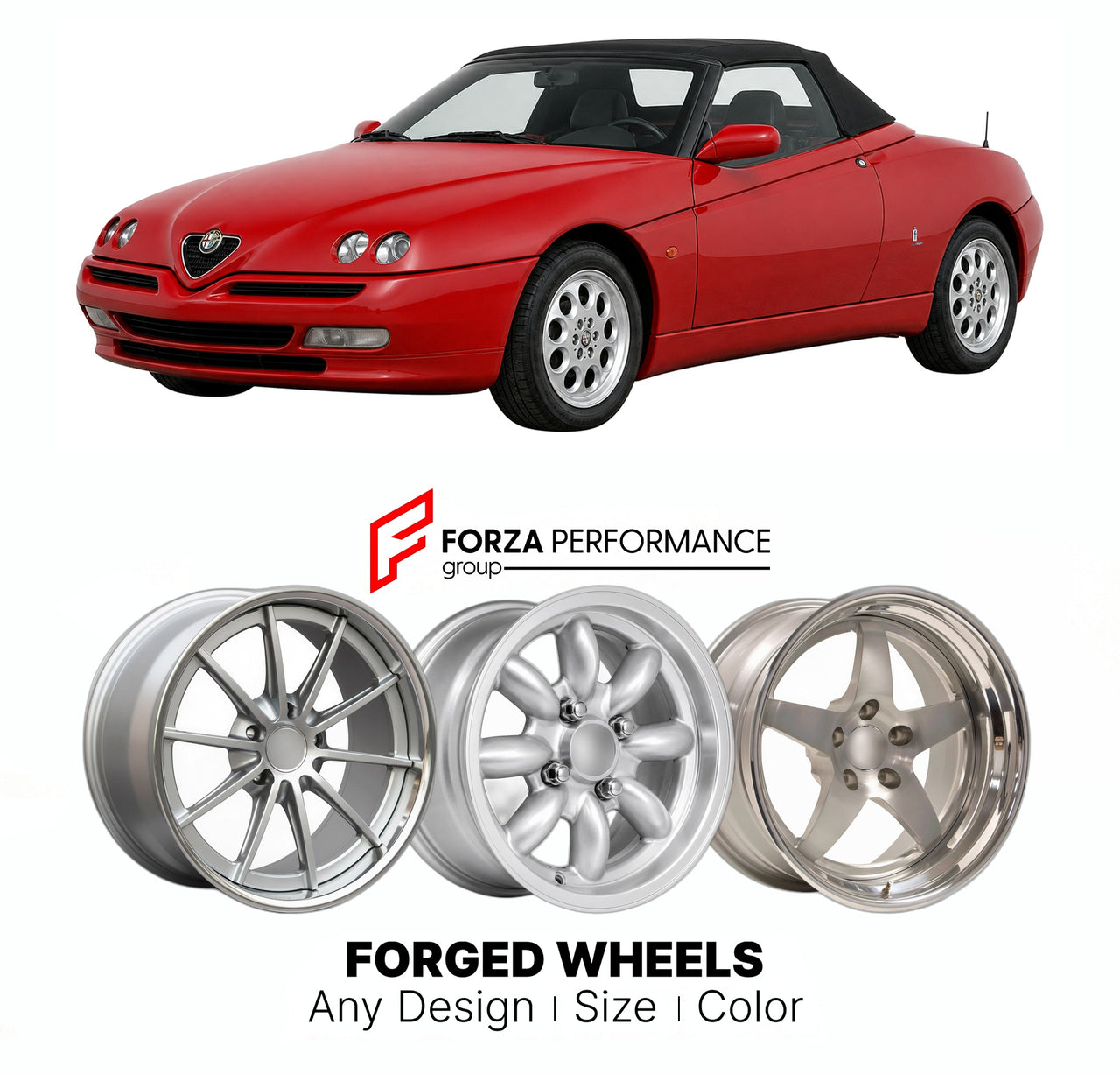 CUSTOM CLASSIC VINTAGE RESTOMOD RETRO OLD SCHOOL FORGED WHEELS RIMS for ALFA ROMEO SPIDER TYPE 916 1995 - 2006

Custom forged wheels for Alfa Romeo Spider Type 916 1995 - 2006. Classic, vintage, restomod wheel designs made to order in custom sizes, offsets, colors and finishes.

We manufacture premium quality forged wheels rims for Alfa Romeo Spider Type 916 1995 - 2006 in any design, size, color.

THIS WHEEL DESIGN CAN BE CUSTOM-MADE FOR YOUR CAR IN ANY SIZE AND COLOR OPTIONS
Available in monoblock, 2-piec